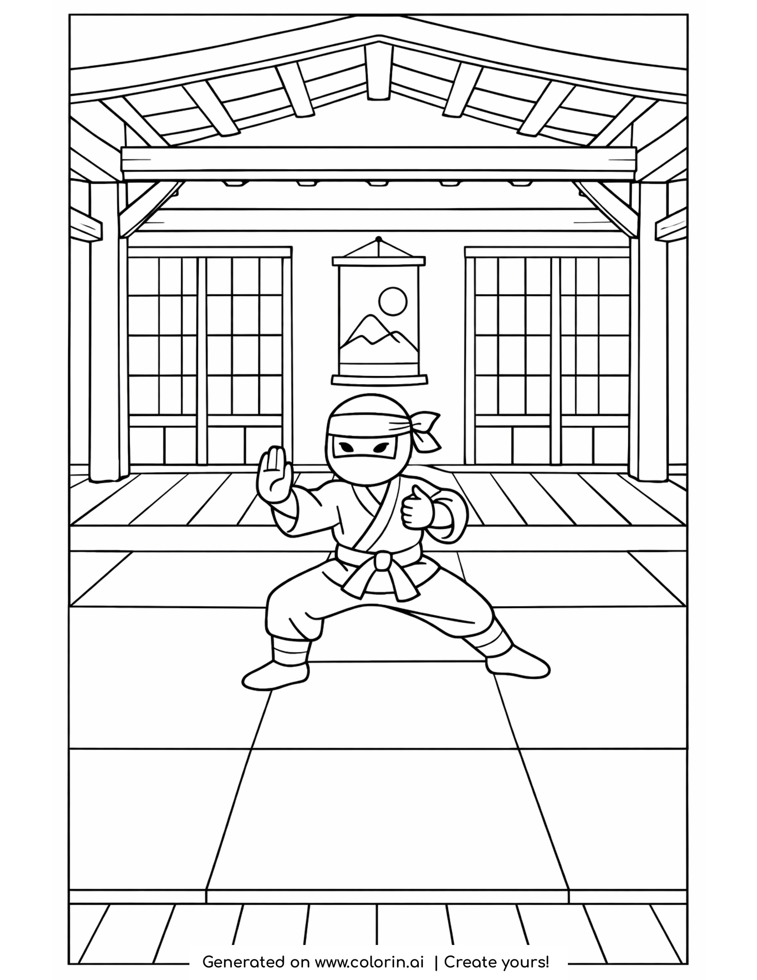 dojo coloring pages - wooden training hall with sliding paper doors, hanging scroll and a ninja in a stance