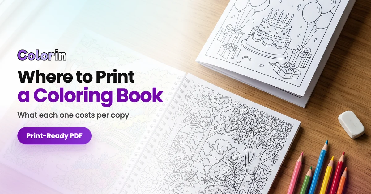Two copies of the same coloring book, one spiral bound lying open and one stapled, with the guide title over them