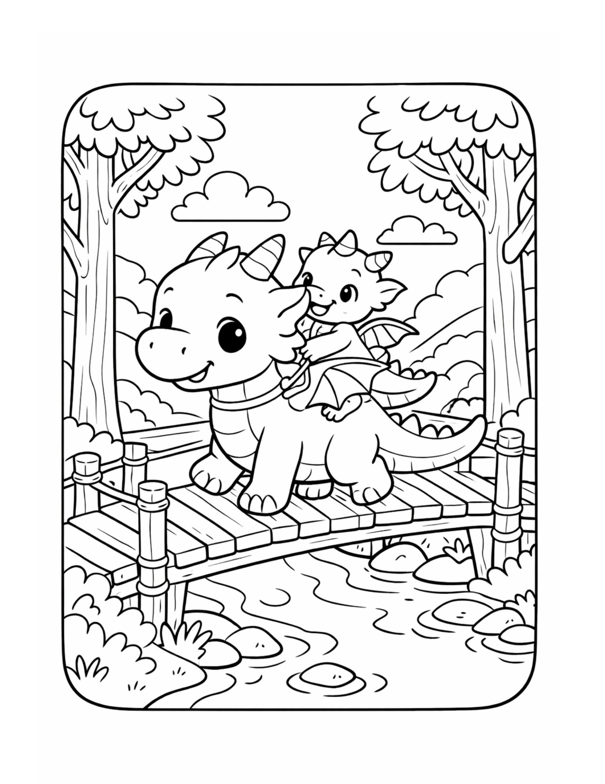 baby dragon crossing a bridge coloring page, small rider on a wooden bridge over a stream coloring page