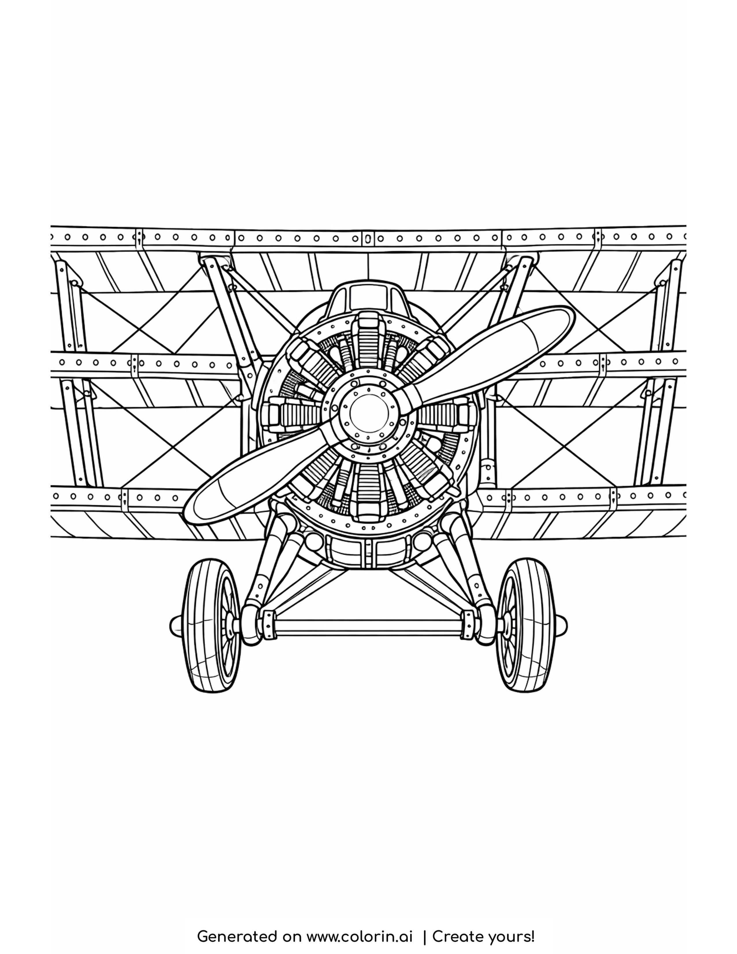 vintage biplane coloring pages — head on biplane with stacked wings, crossed bracing wires and a radial engine