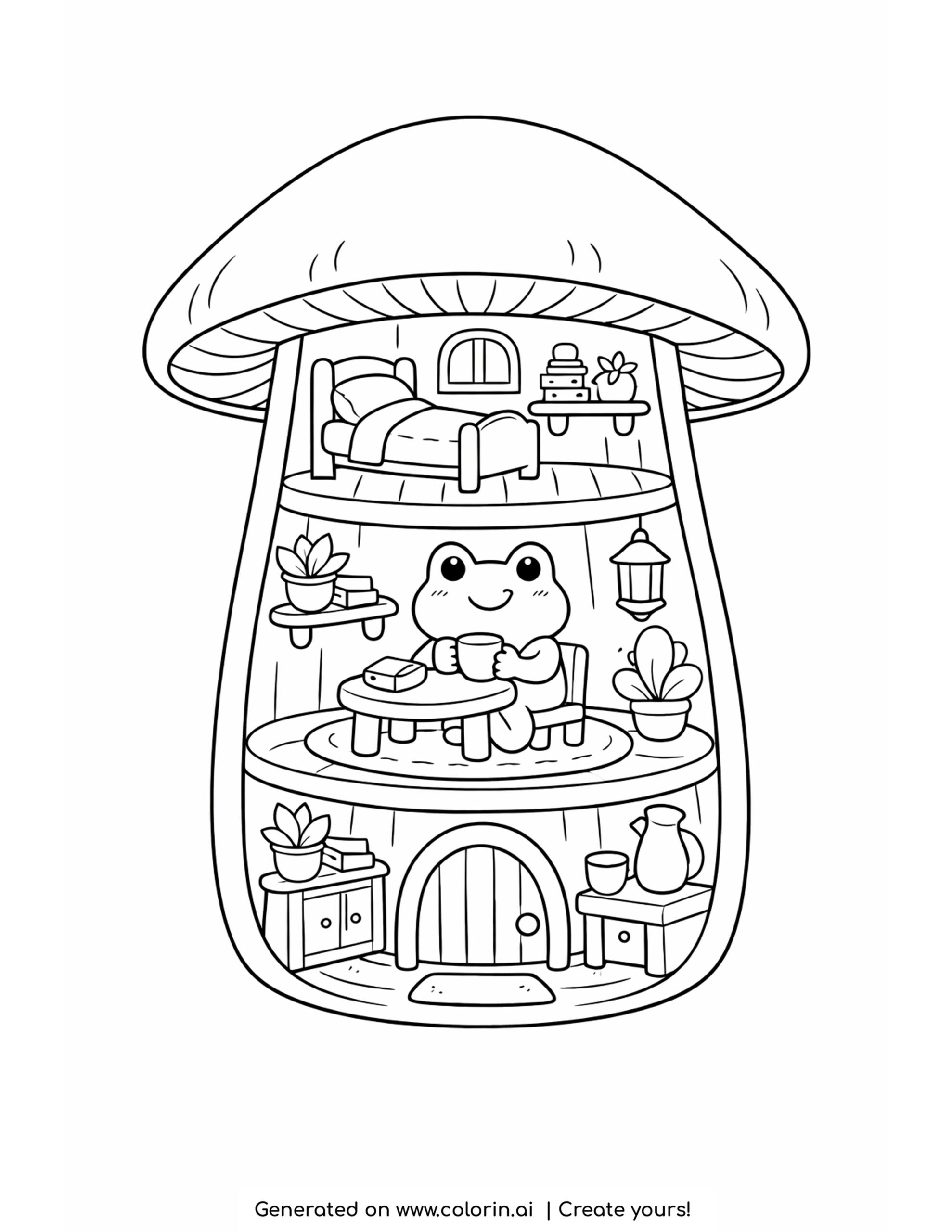 frog inside mushroom house rooms coloring page with furniture and cozy interior illustration coloring page