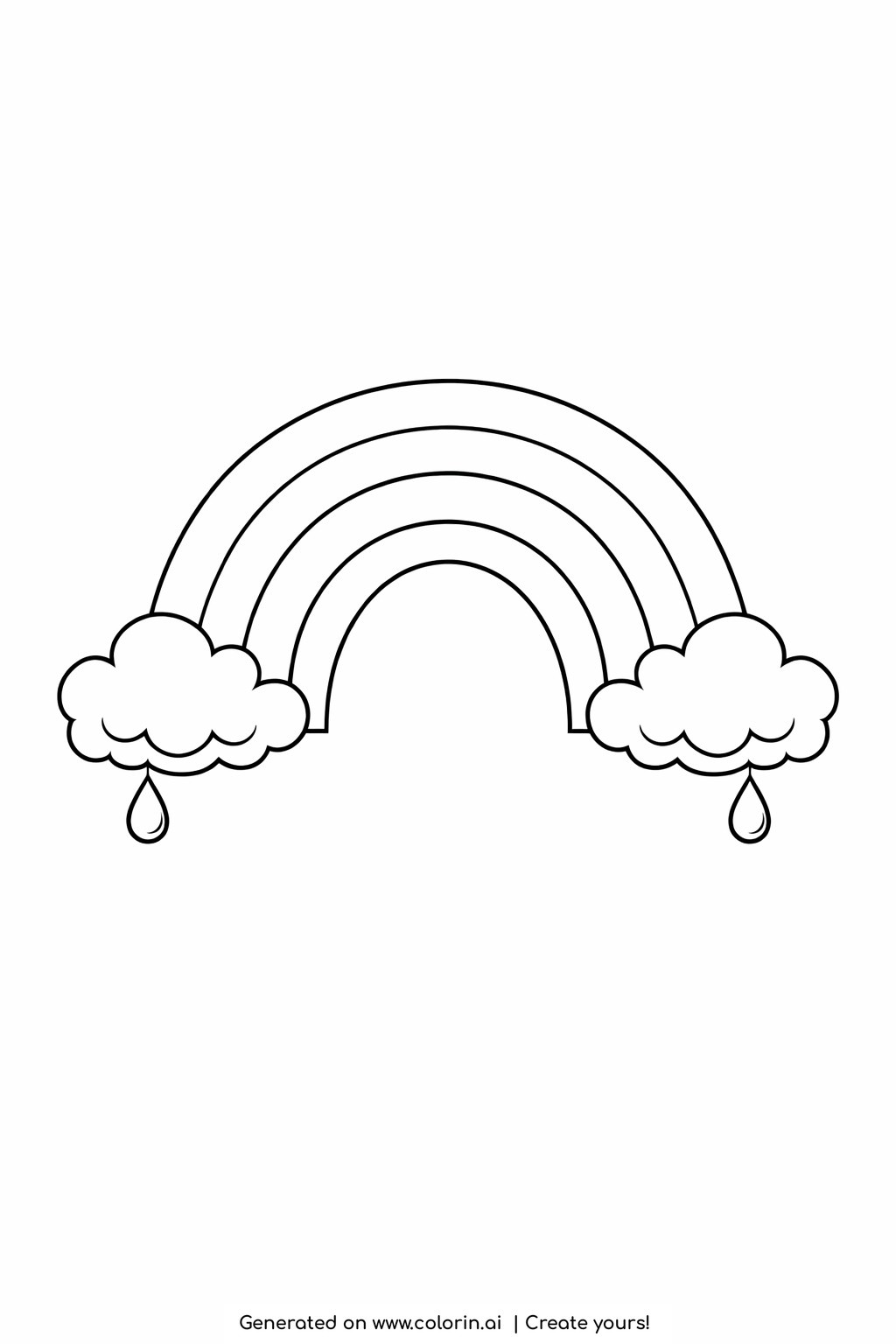 rainbow coloring pages for kids, one bold rainbow arch resting between two big rounded clouds