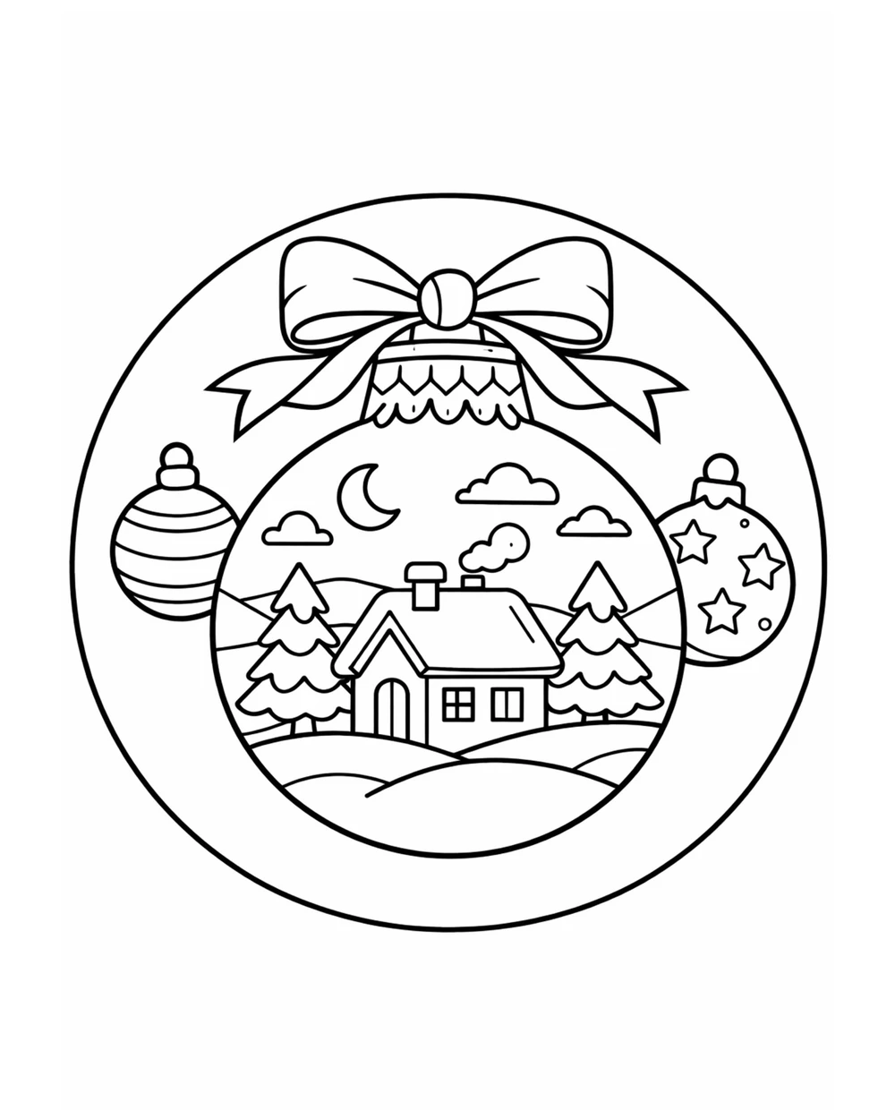Coloring page of a chunky Christmas ornament with a snowy cottage inside with braided patterns, advanced difficulty, for adults