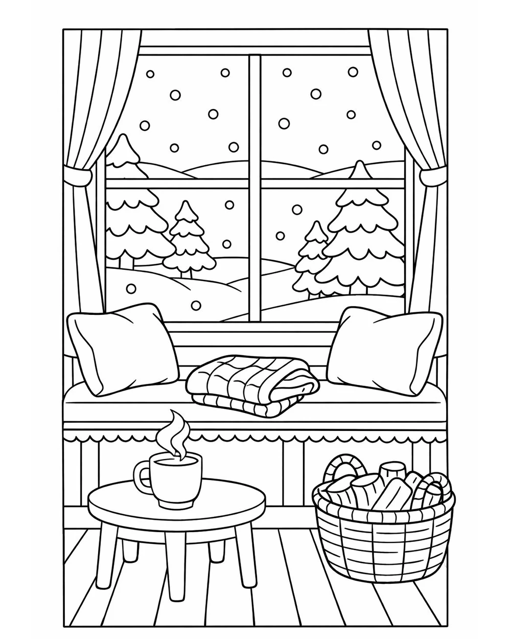 Coloring page of a cozy winter window seat with a plaid blanket and a woven basket, intermediate difficulty, for adults