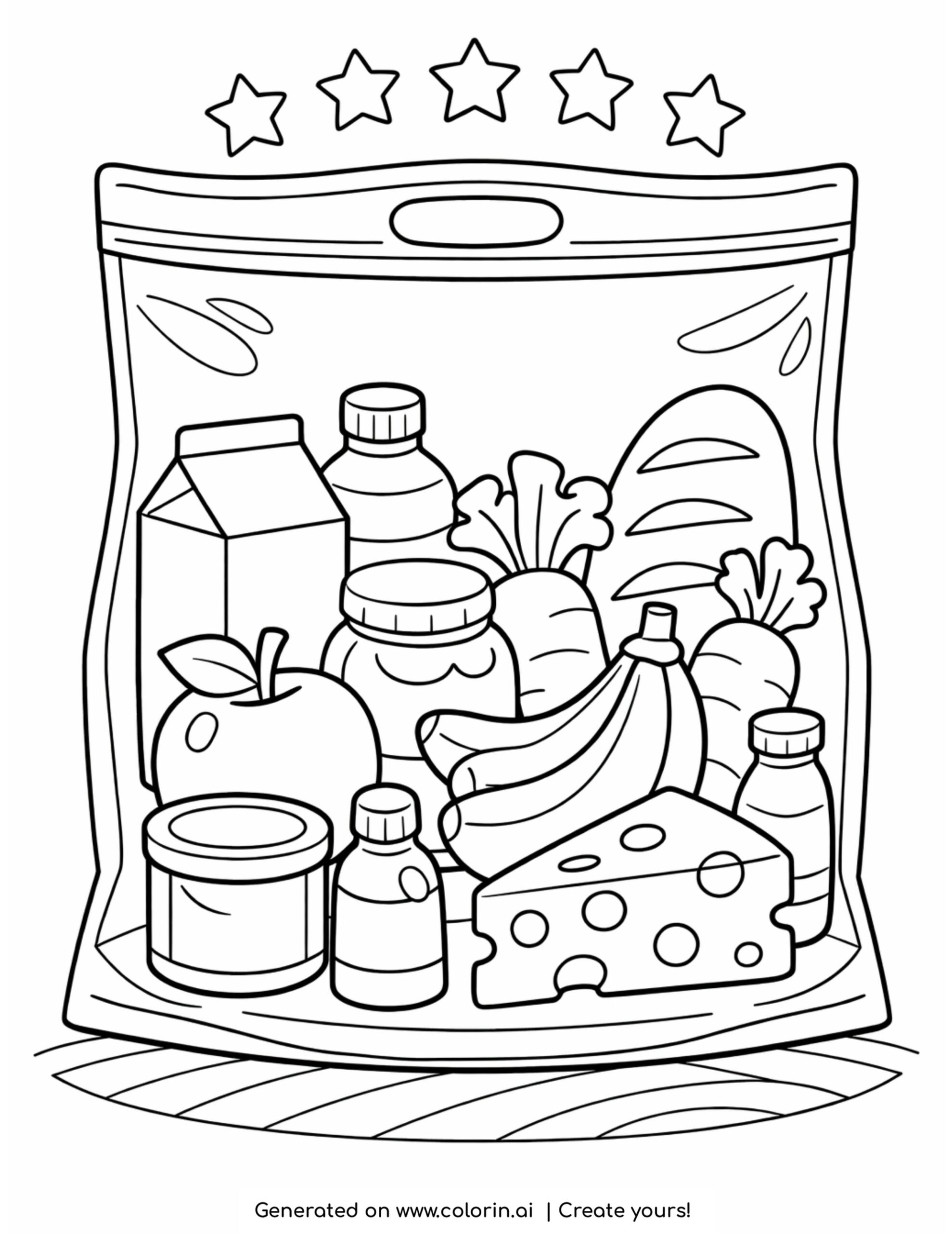 Grocery Bag with Food Items Coloring Page | Colorin AI