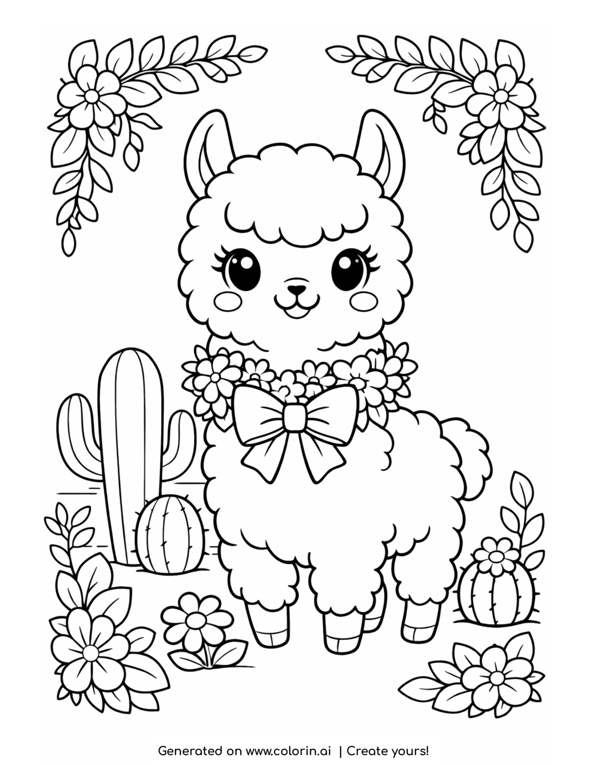 cute llama coloring pages, a kawaii llama with a flower necklace and bow near a cactus