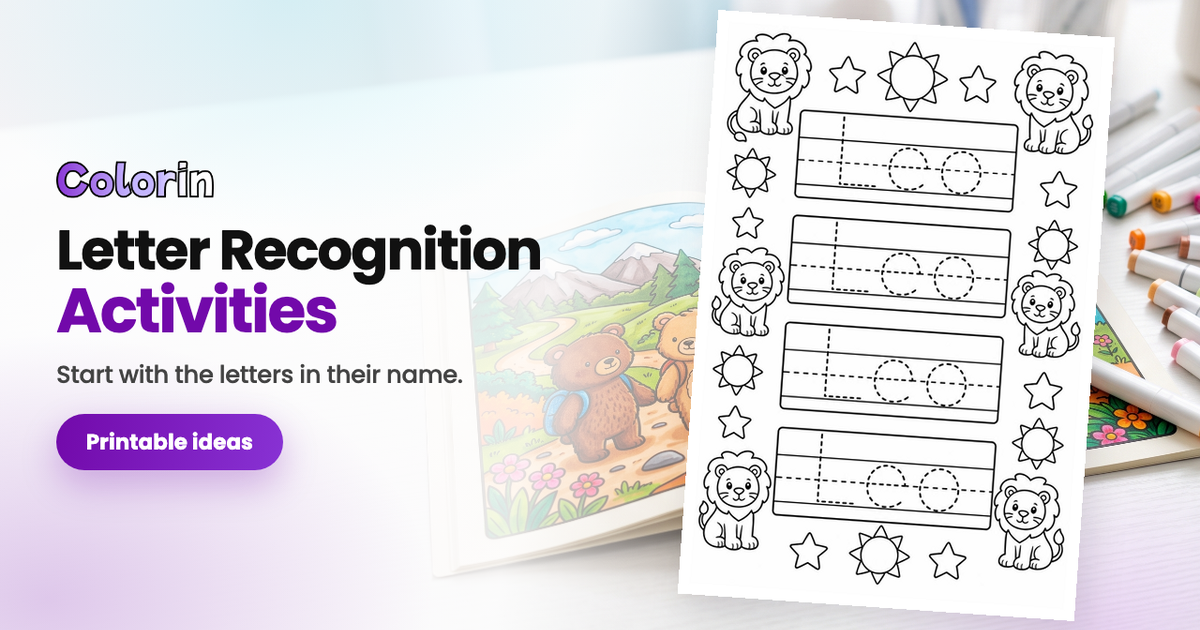 Letter Recognition Activities, with a printable name tracing sheet for Leo beside the title