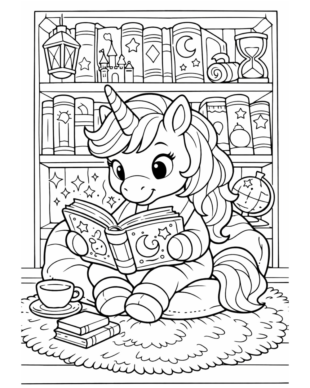 Unicorn reading a book coloring page