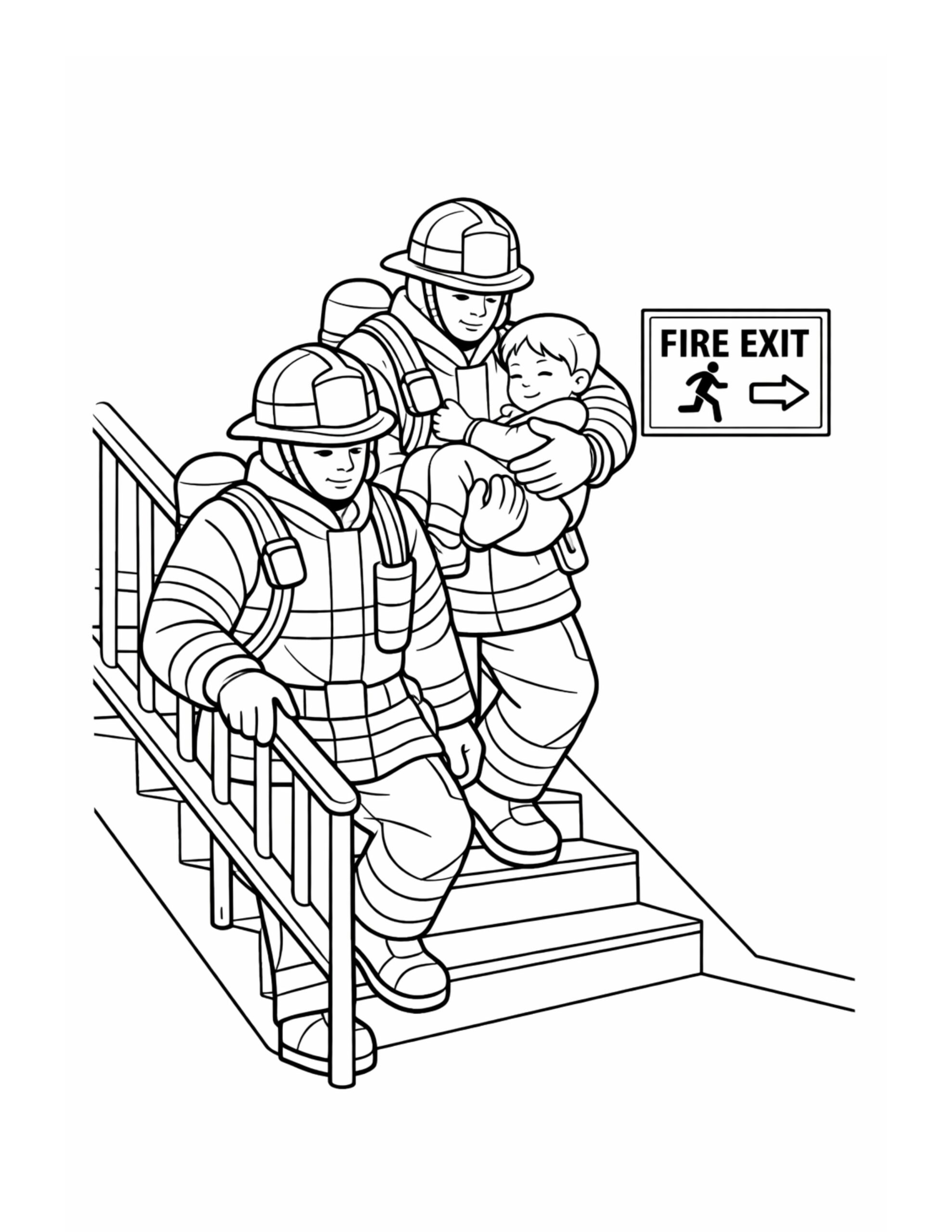 firefighters carrying child down stairs coloring page showing two firefighters on a stairway by a fire exit sign, line art coloring page