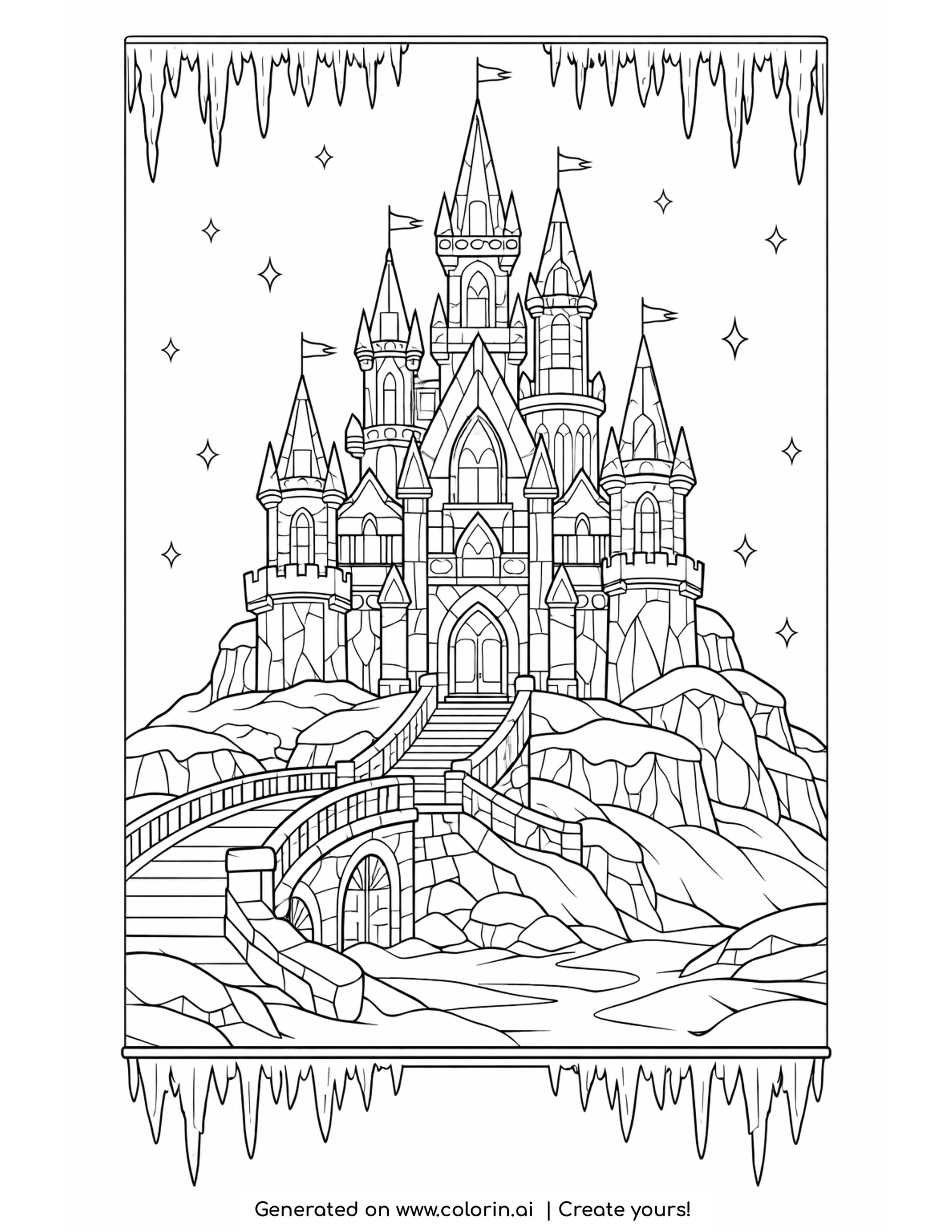 winter wonderland coloring pages, an ice castle with tall spires, icicles and stars