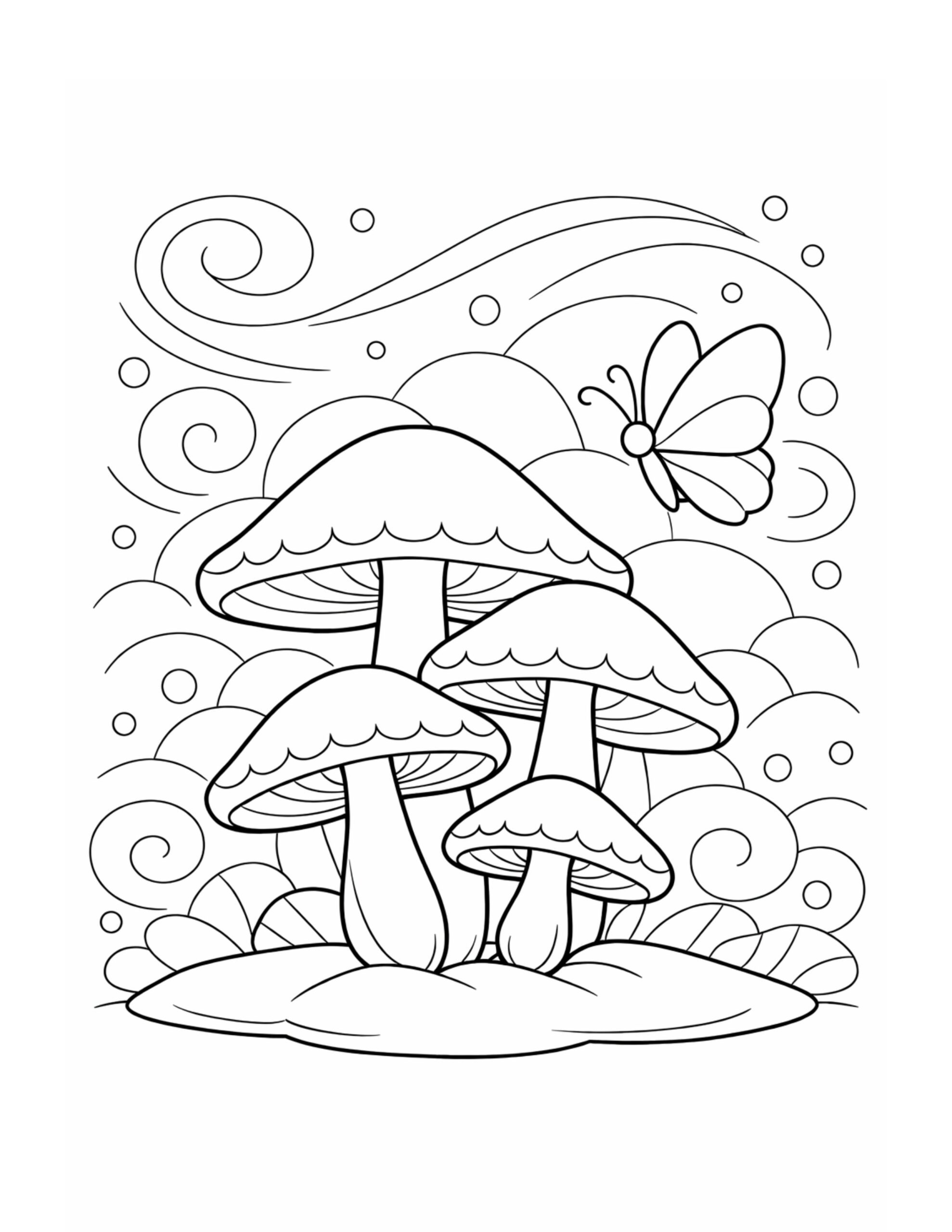 mushrooms with butterfly and swirls coloring page with scalloped caps, swirling lines, and floating dots coloring page
