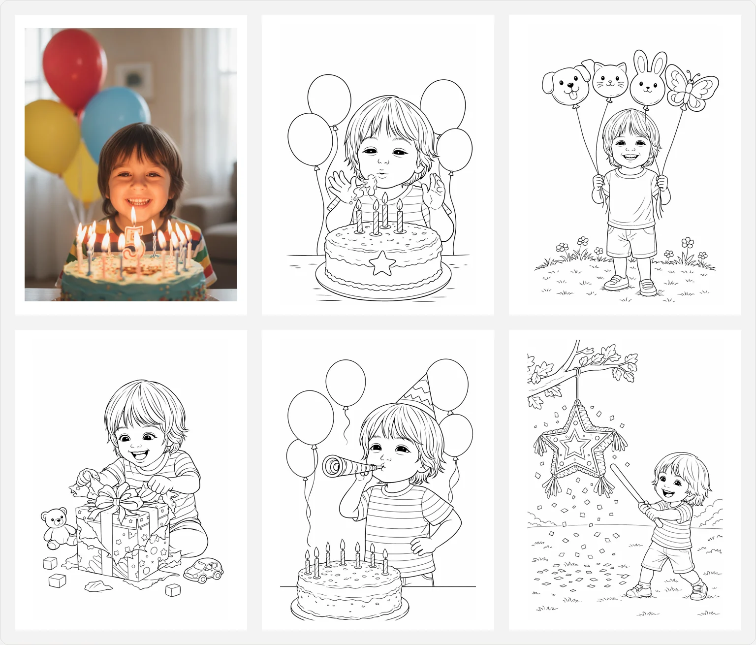 One photo of a boy with a birthday cake, and the five coloring pages generated with him as the character: candles, balloons, a present, a party horn and a pinata