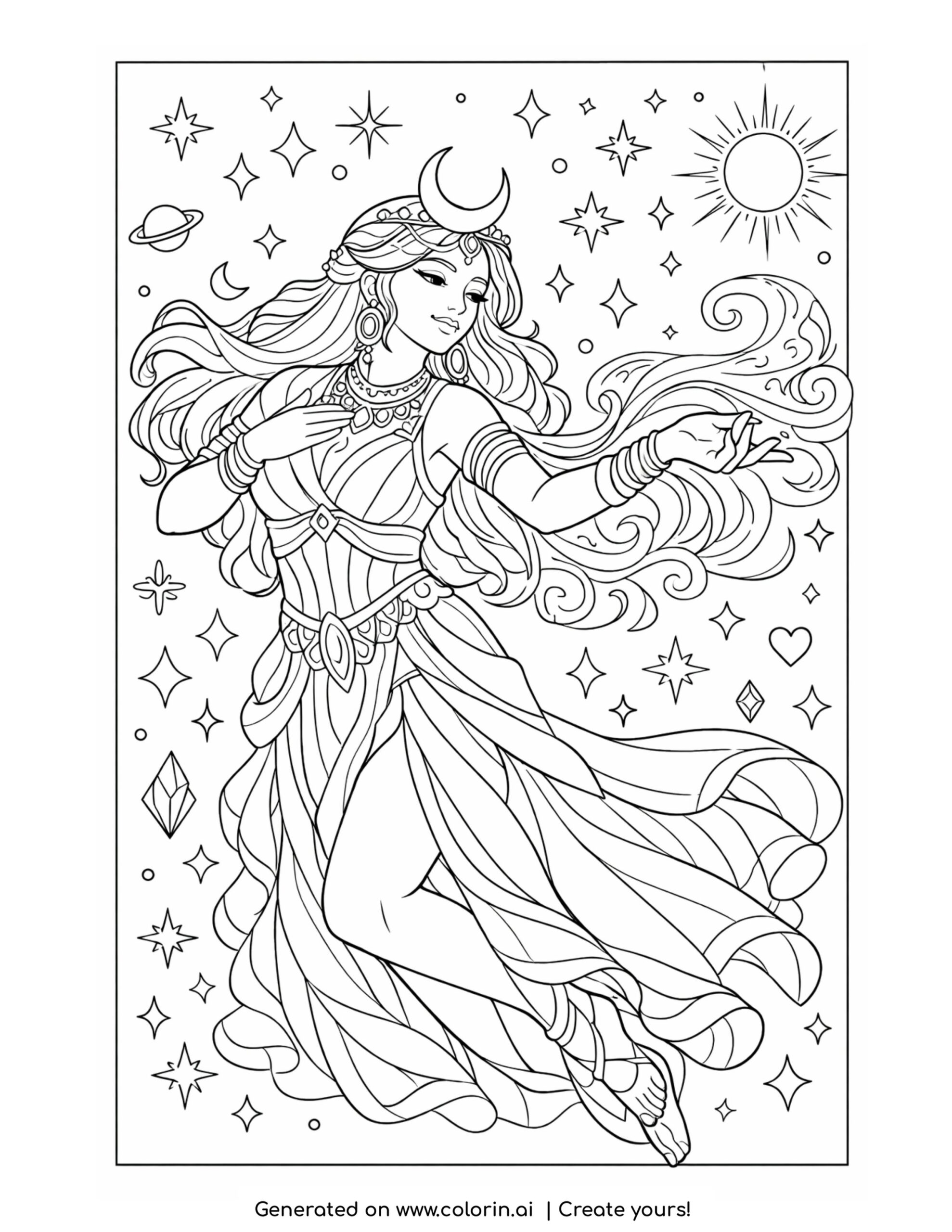 goddess dancing beneath planets coloring page with swirling energy and celestial symbols
