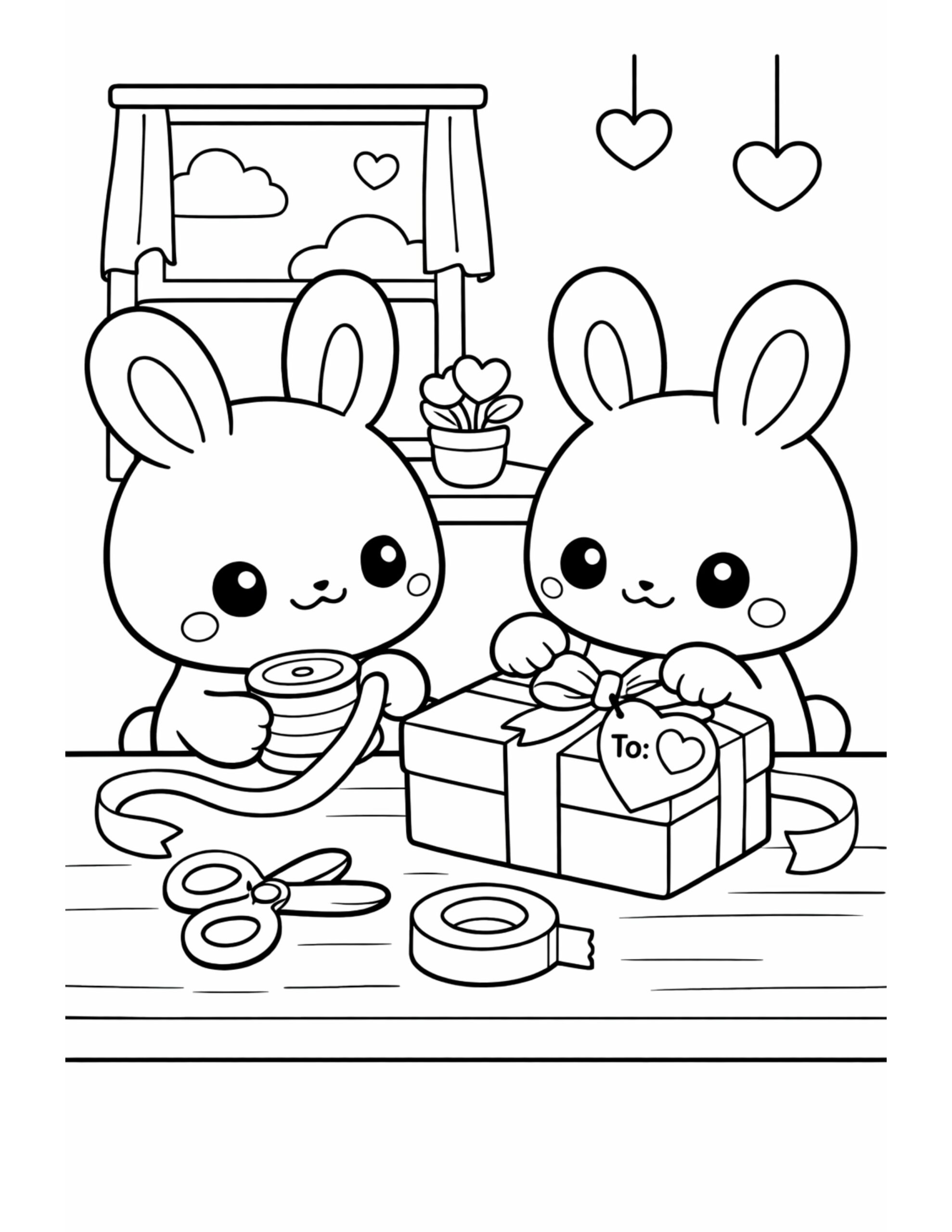 bunnies wrapping a valentine gift coloring page, two cute rabbits tying a bow on a present at a craft table
