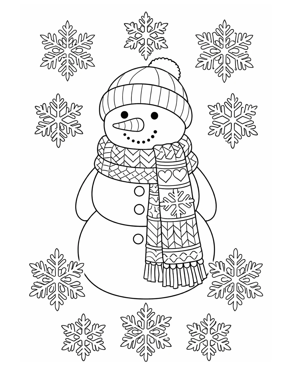 Coloring page of a snowman with a patterned scarf and a ribbed hat, intermediate difficulty