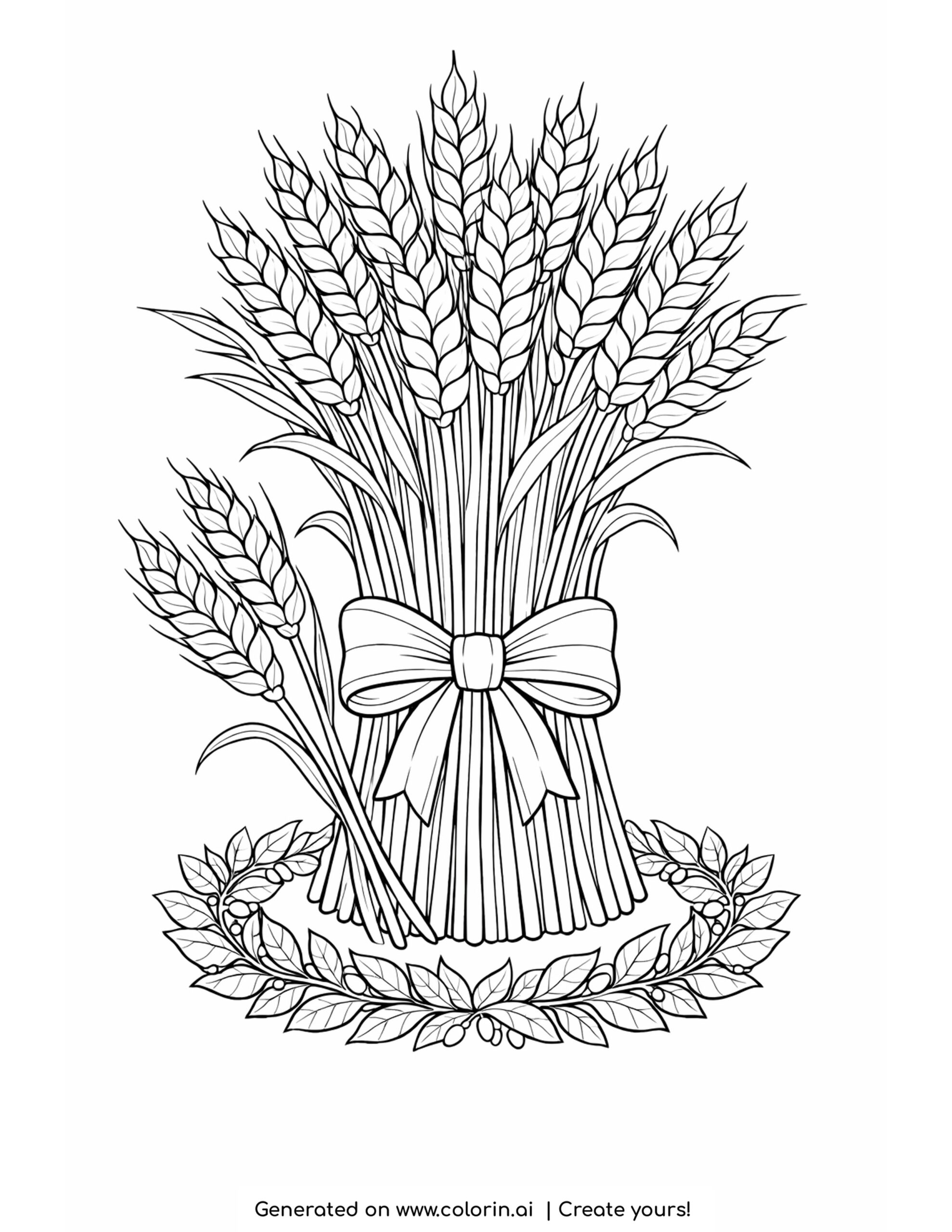 thanksgiving coloring pages for adults, a tall sheaf of wheat tied with a ribbon bow resting on a small leaf wreath