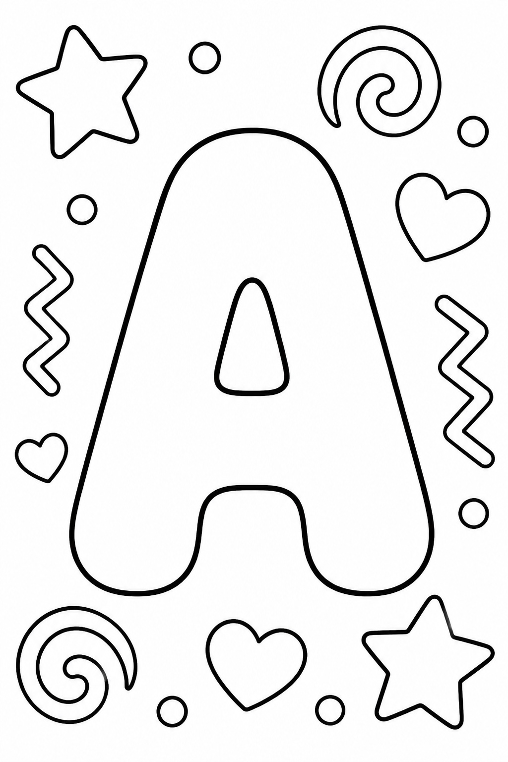 The capital letter A in hollow bubble outline, surrounded by stars, hearts and spirals to color