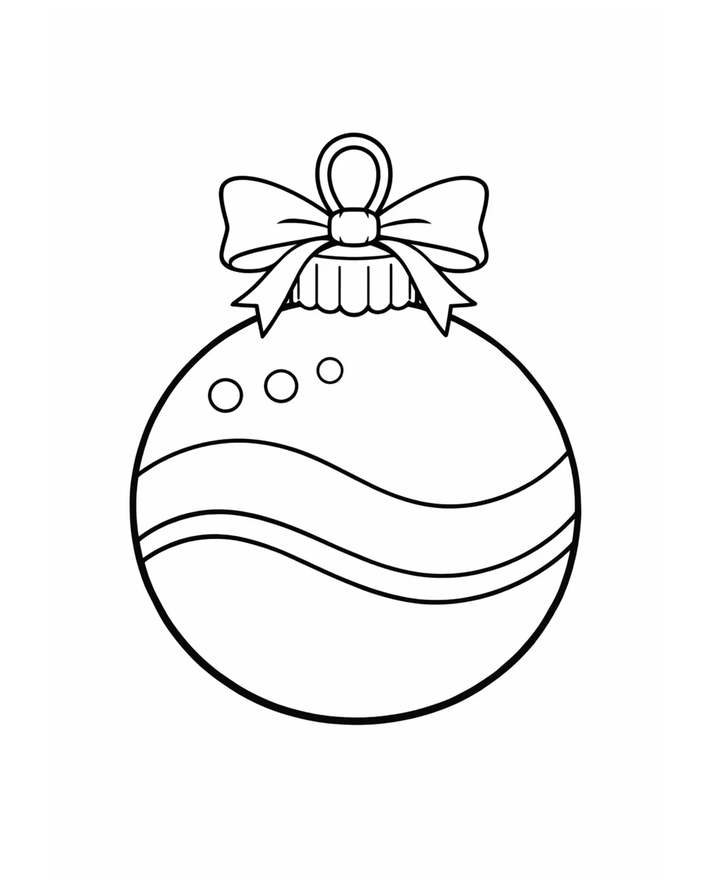 Bold and easy coloring page of a single Christmas ornament with a bow, large shapes, easy difficulty
