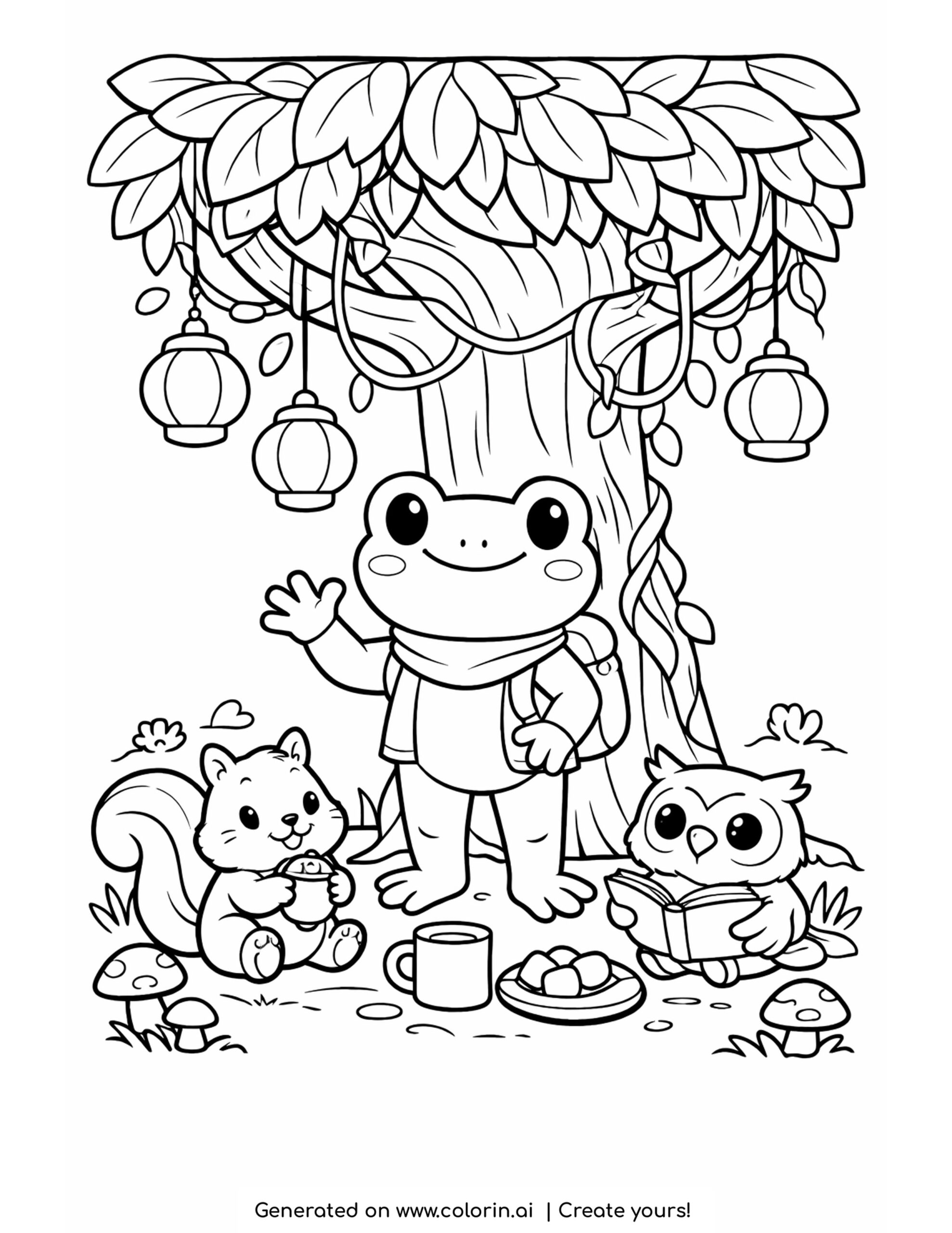 frog with friends under tree coloring page with lanterns vines and forest animals illustration coloring page