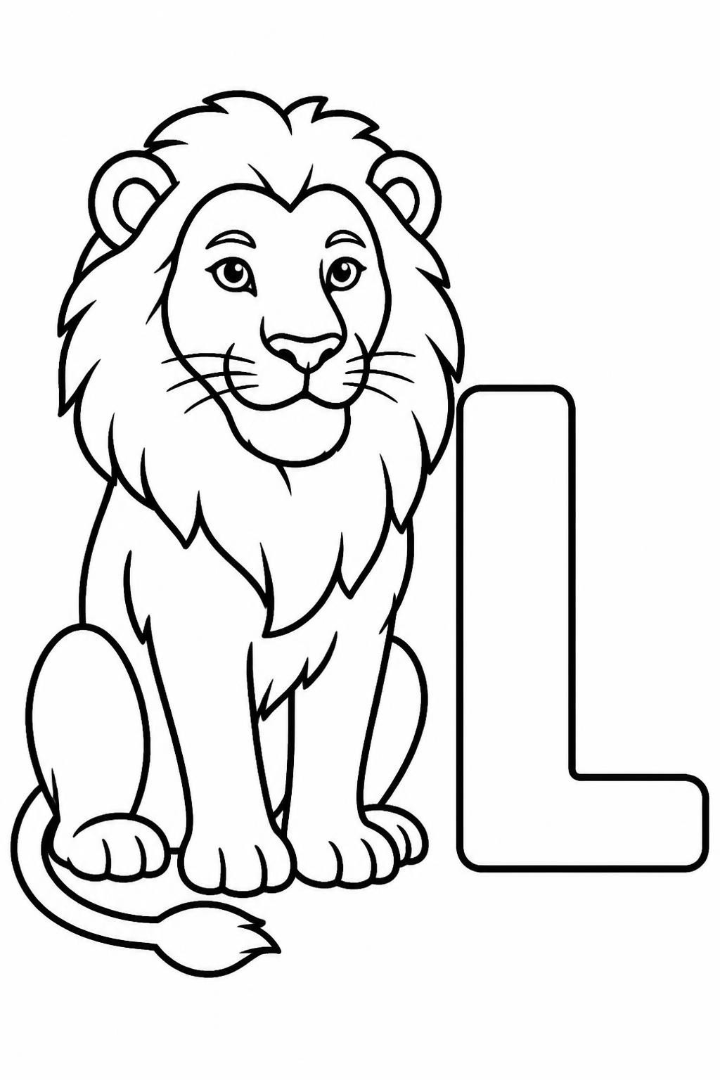 A coloring page of a friendly lion sitting next to a big capital letter L