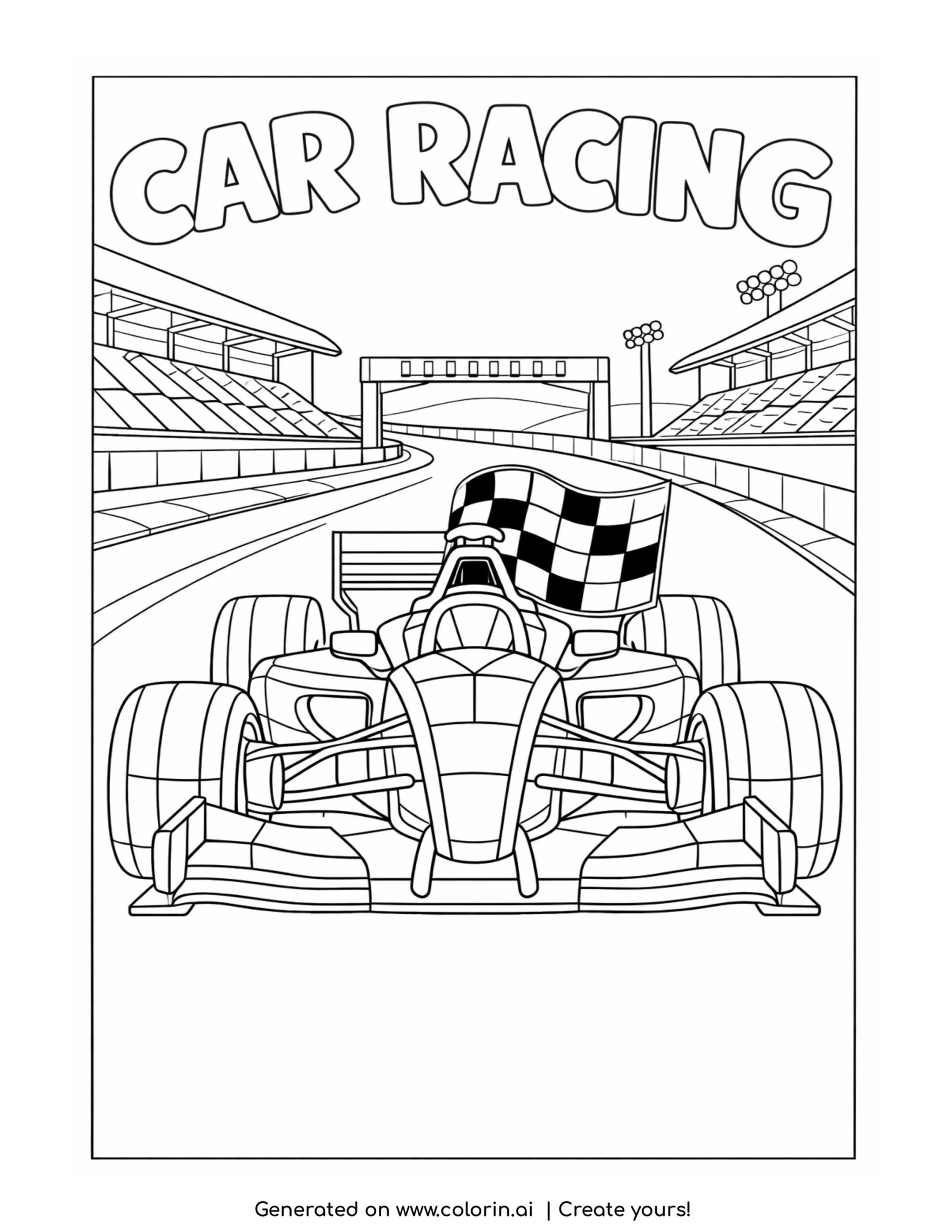 race car speeding on track coloring page with checkered flag and stadium background coloring page