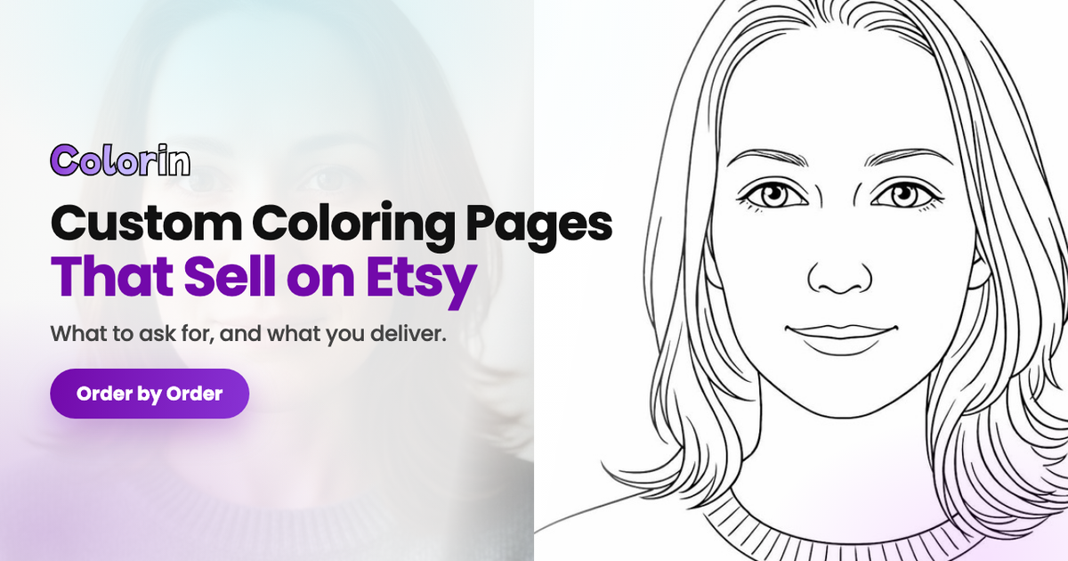 A portrait photo beside the coloring page made from it, with the guide title over them
