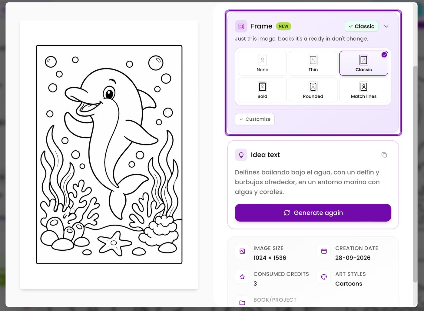 A dolphin coloring page opened from the Colorin AI gallery, with the Frame section marked next to it and Classic selected