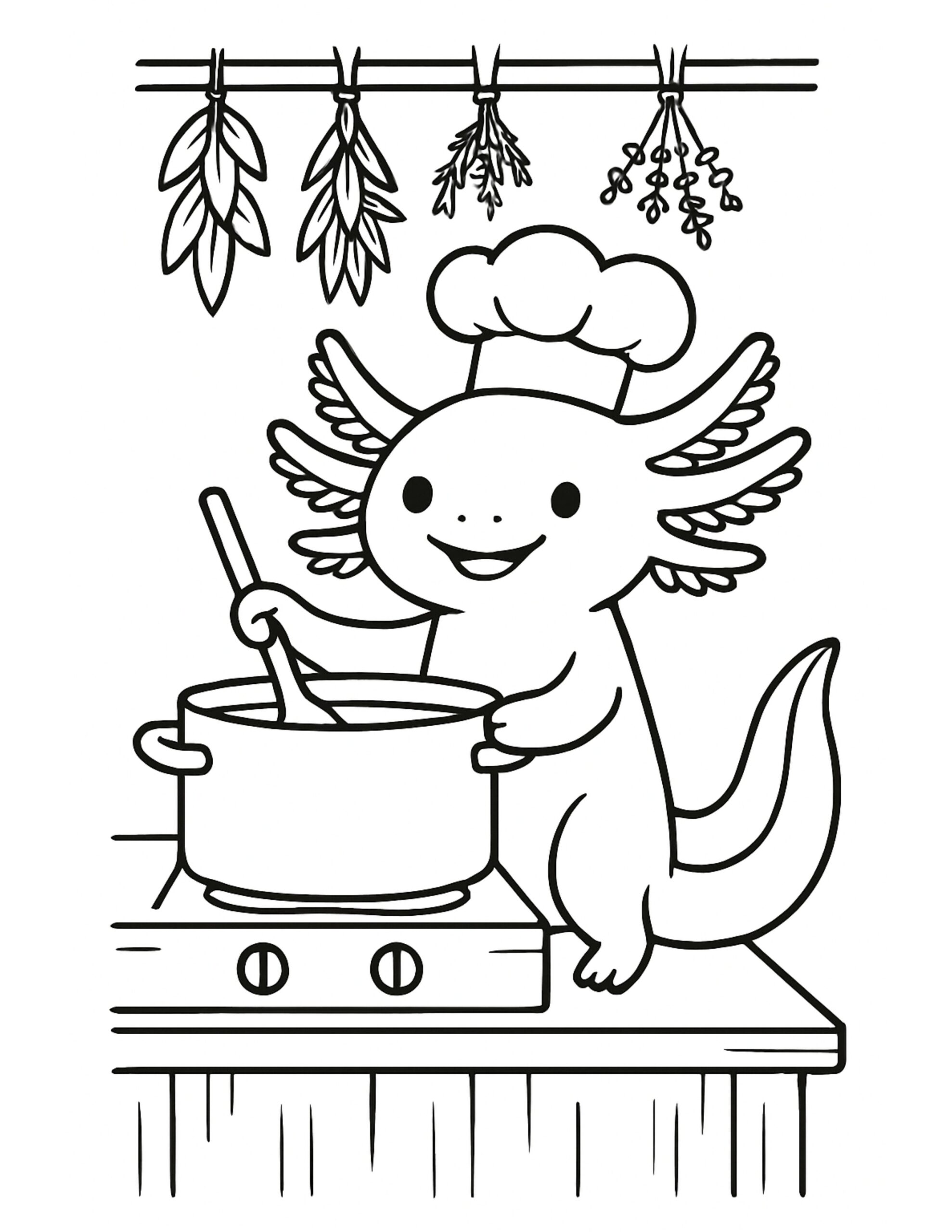 axolotl chef stirring soup coloring page featuring a smiling axolotl in a chef hat stirring a pot under hanging herbs coloring page