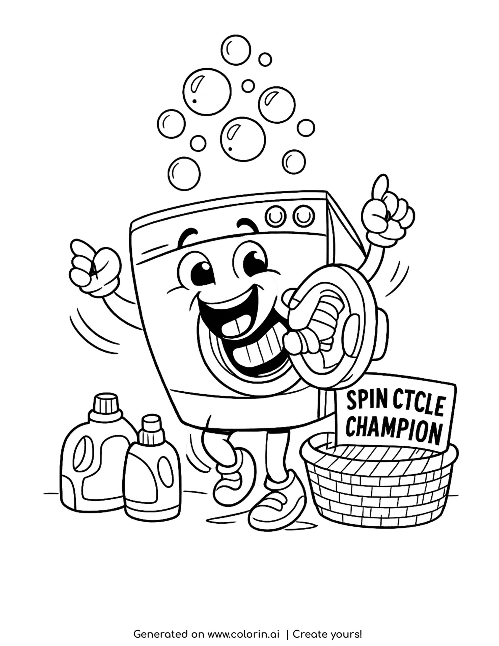 funny laundry coloring pages, a cheering cartoon washing machine with a Spin Cycle Champion sign, soap bubbles, detergent bottles and a basket