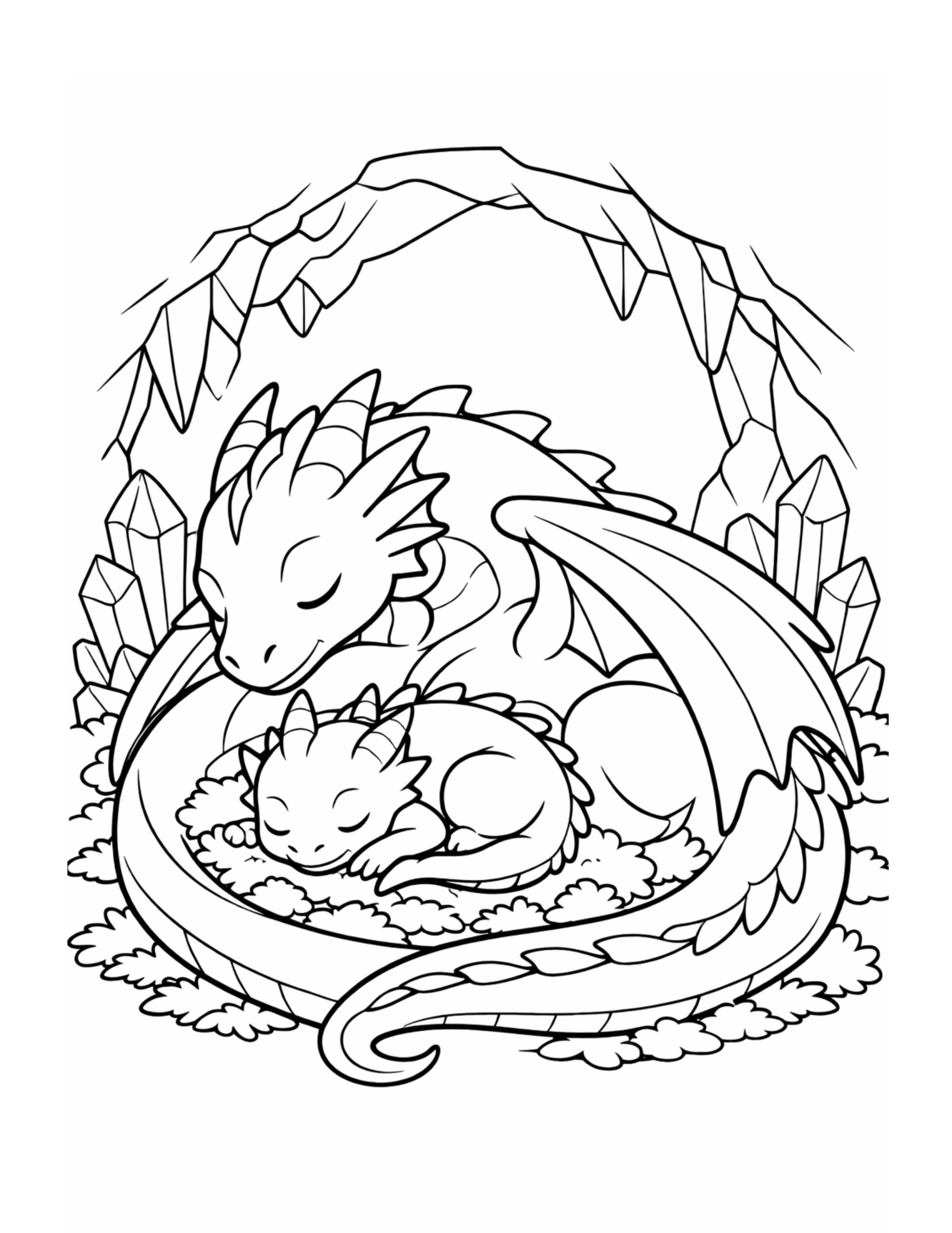 dragon mom cuddling baby coloring page with a mother dragon curled around a sleeping hatchling in a crystal cave coloring page