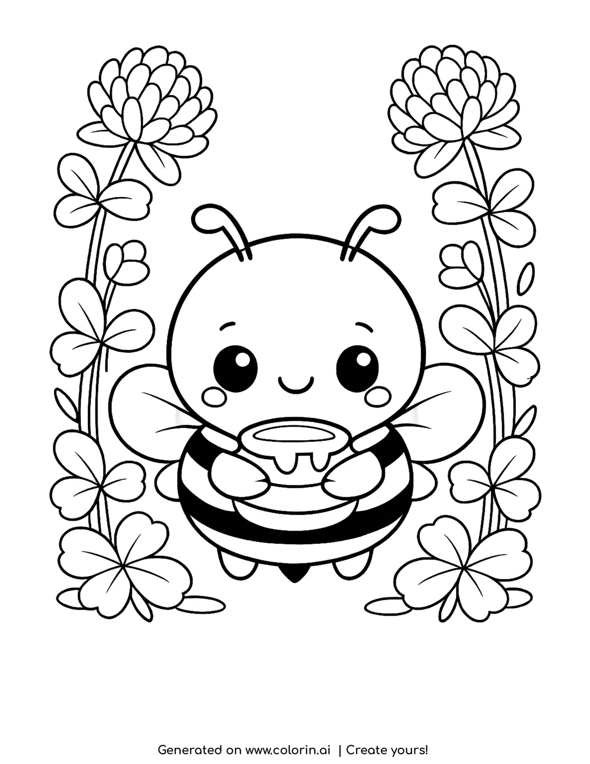 bee coloring pages, a kawaii bee carrying a honey pot among clover flowers