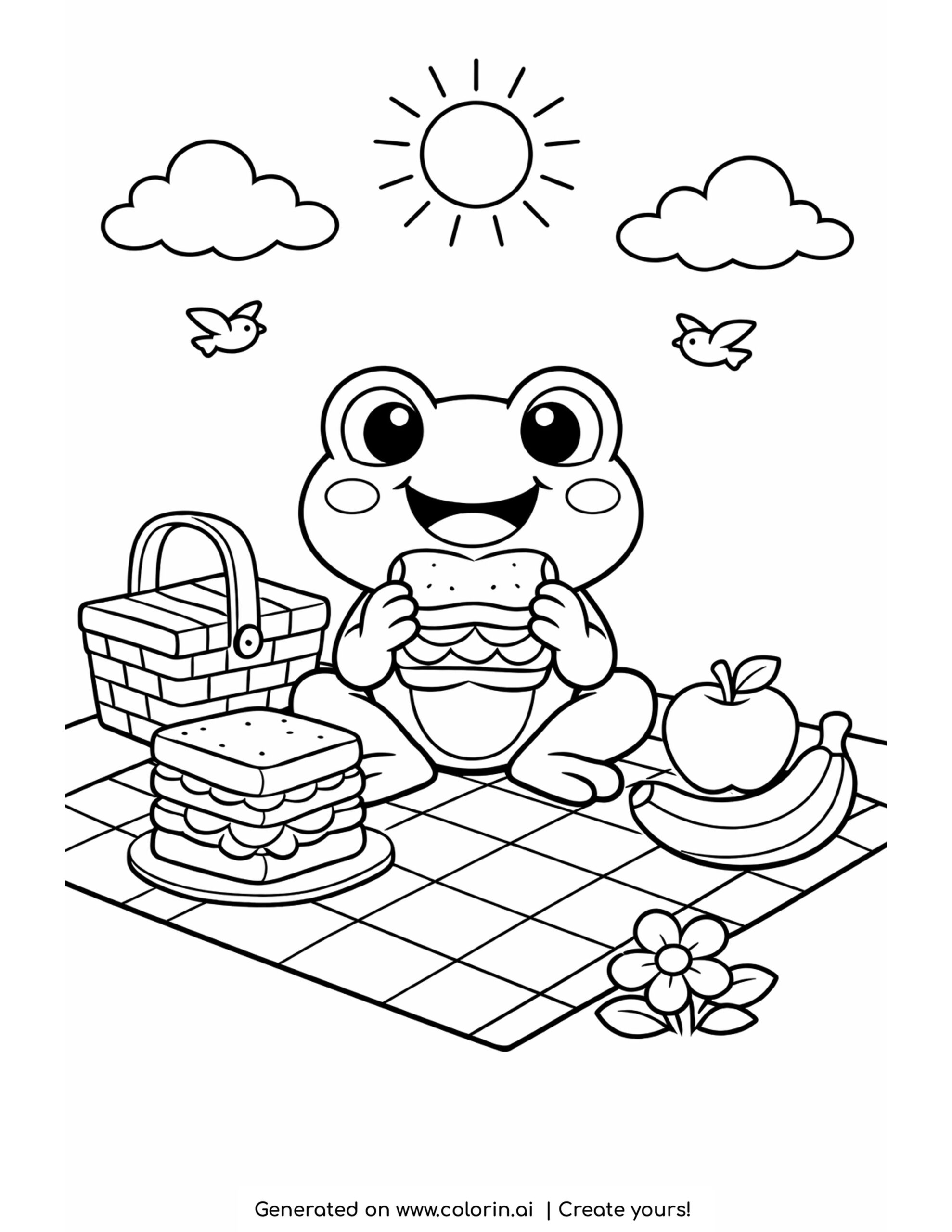 frog eating sandwiches at picnic coloring page with basket fruit and blanket illustration coloring page