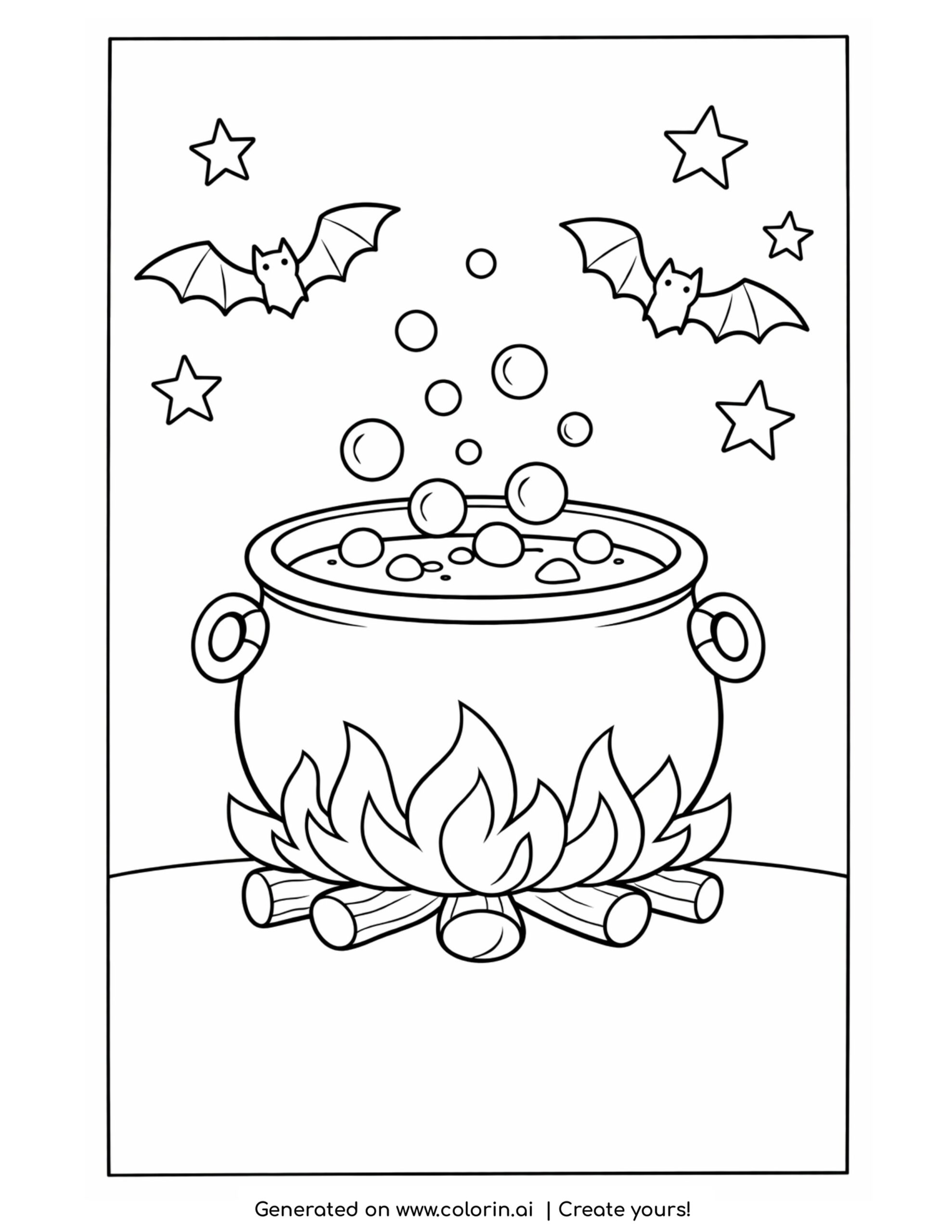 cauldron coloring pages, a cast iron cauldron bubbling over a fire with bats and stars above
