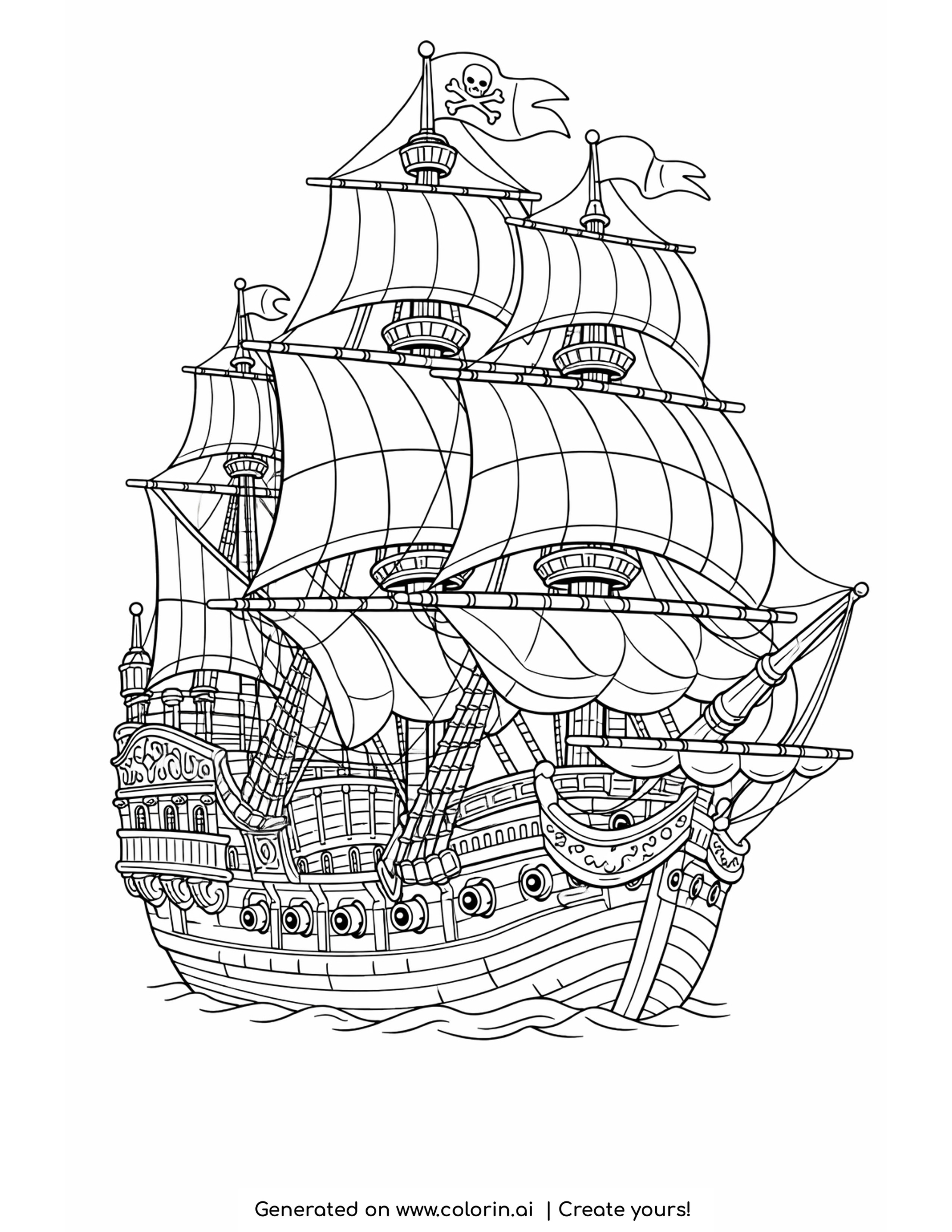 pirate galleon coloring pages - a three masted pirate galleon under full sail with a skull flag, six crow's nests, cannons along the hull and a carved stern castle