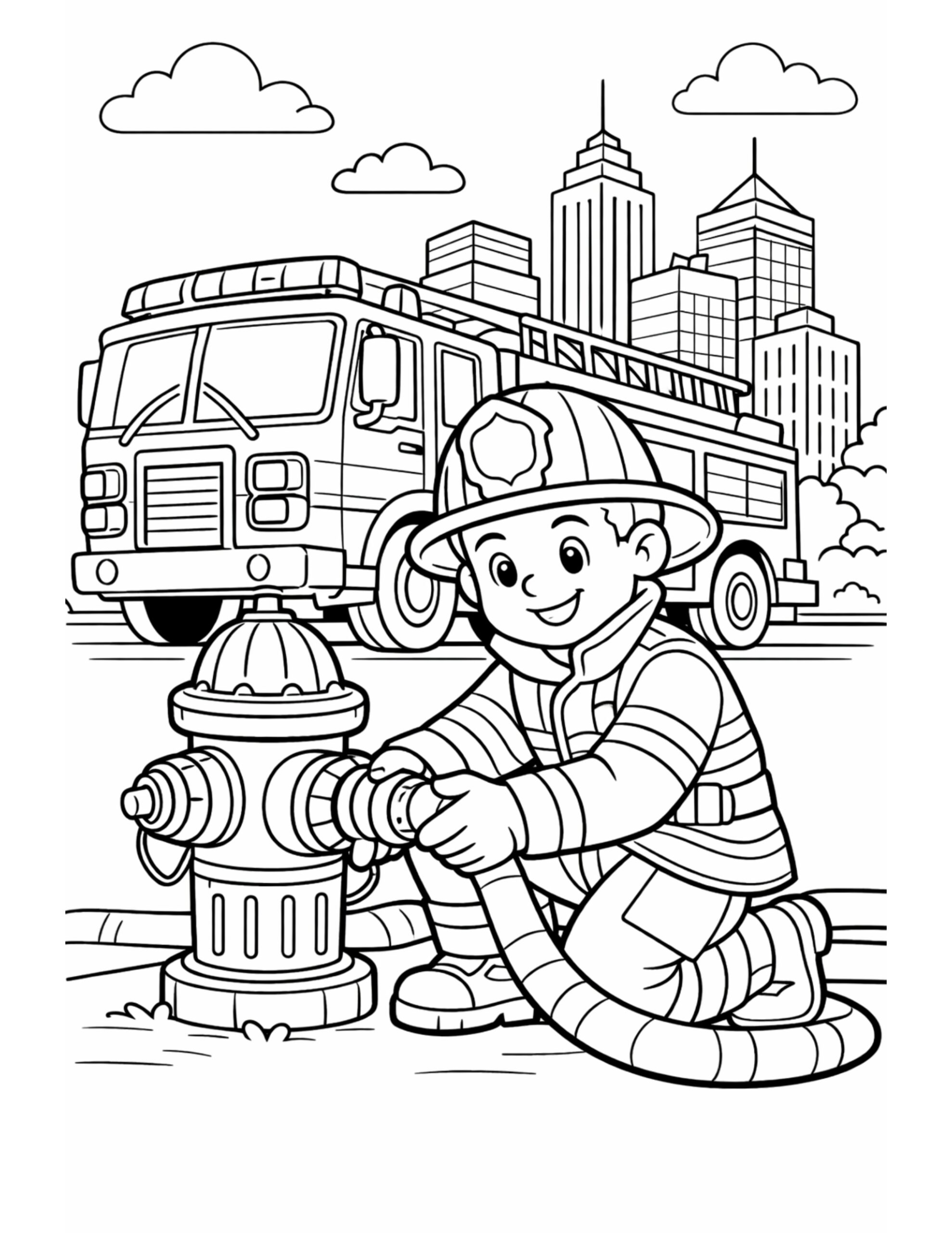 firefighter connecting hose to hydrant coloring page with kneeling firefighter, city skyline, fire truck, coloring page