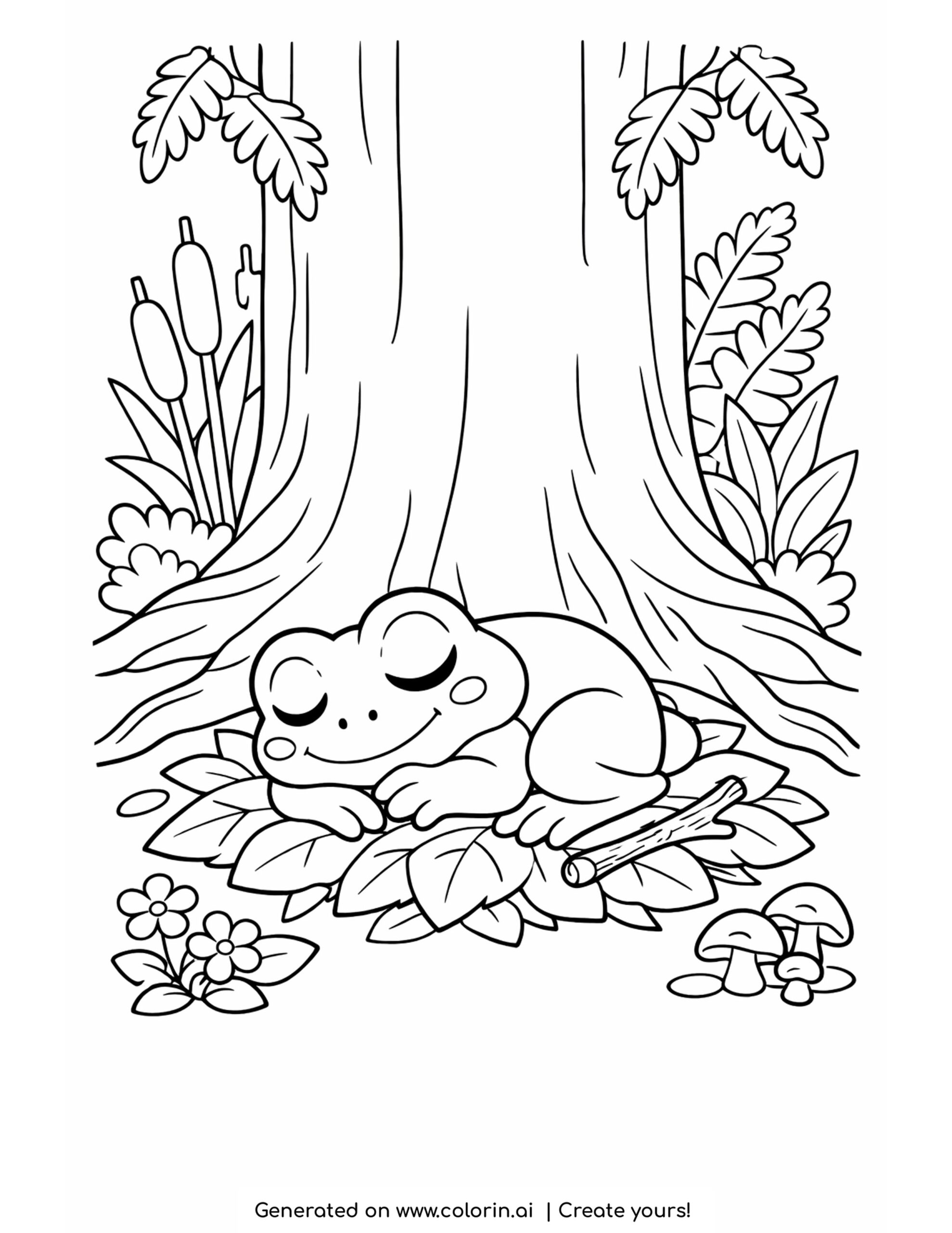 frog sleeping on leaves coloring page under tree with forest plants illustration coloring page