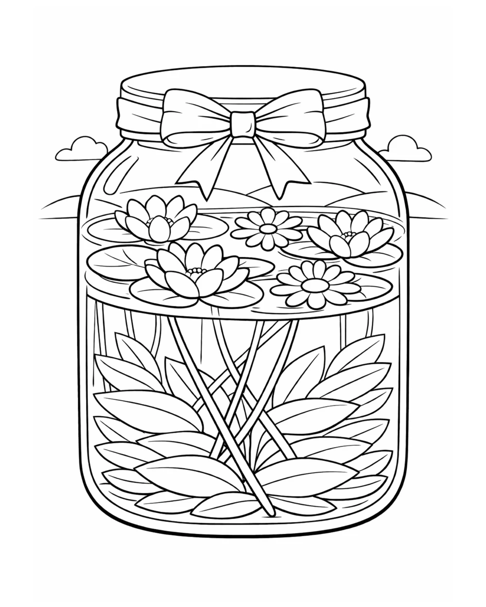 Coloring page of water lilies floating in a jar with overlapping leaves, intermediate difficulty