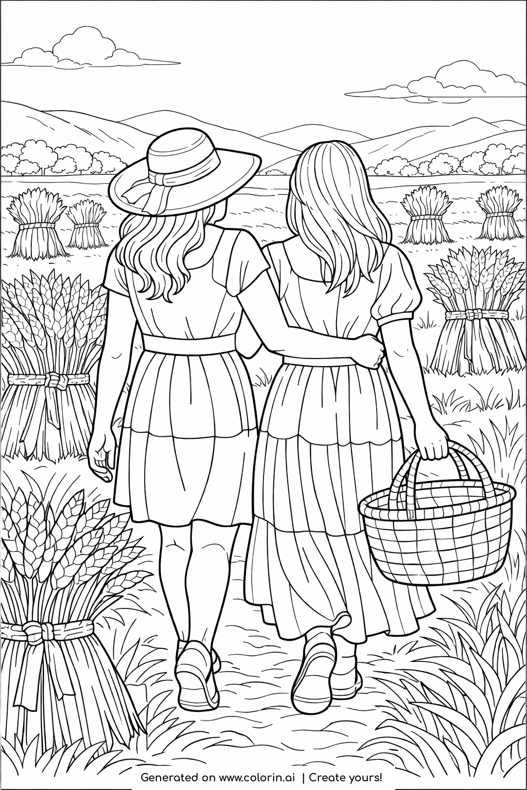 strong woman bible coloring pages for adults, Ruth and Naomi walking through a field of wheat sheaves with a basket