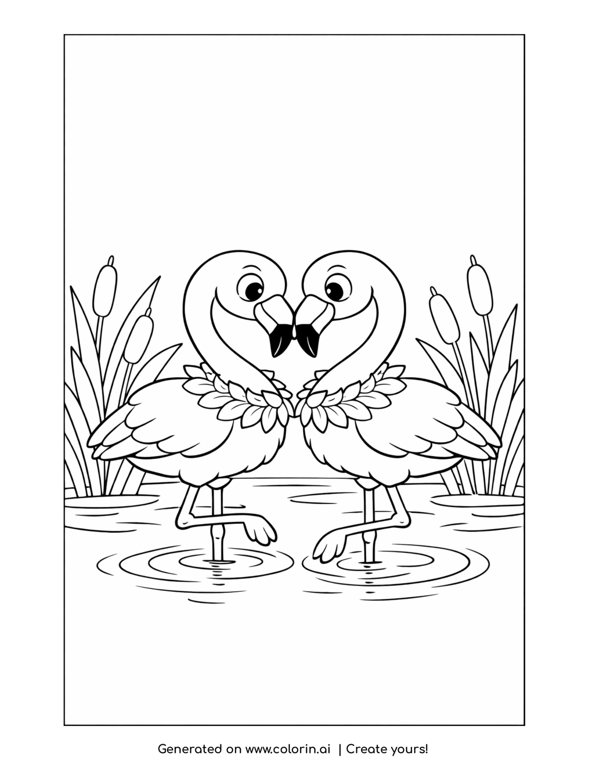 flamingo coloring pages, two flamingos forming a heart with their necks