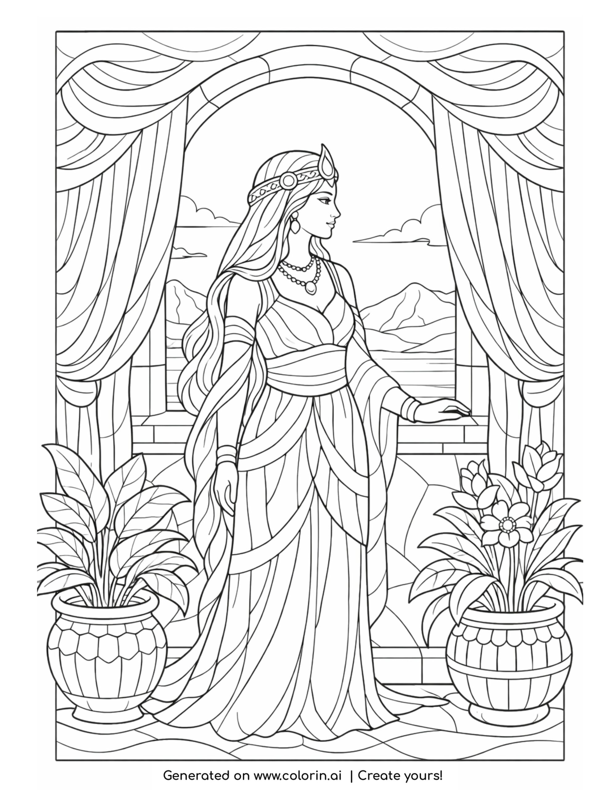 goddess beside palace window coloring page with flowing curtains and mountain scenery
