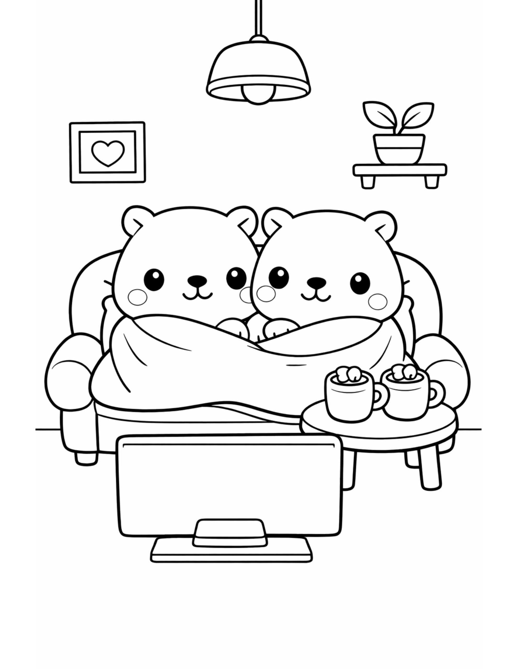 Small Tv Color In Cuddly Bears Watching TV Coloring Page | Colorin AI