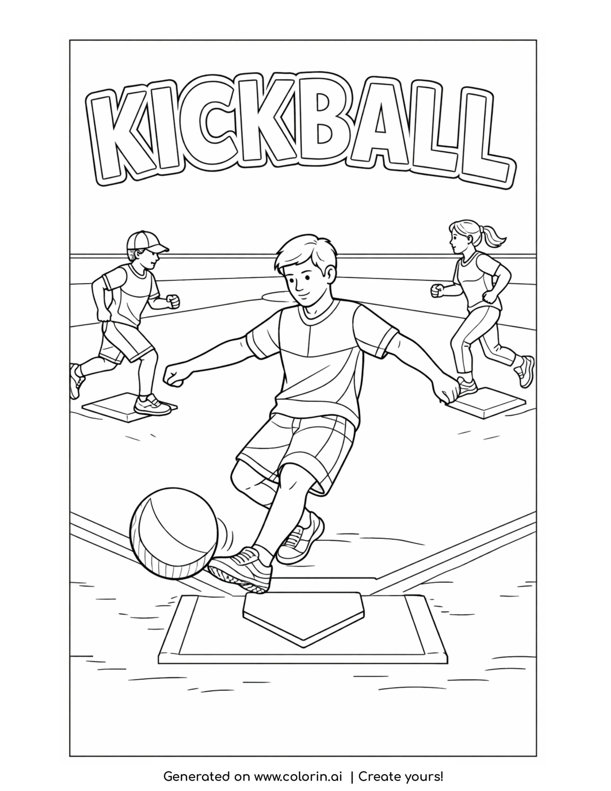 kickball player kicking ball on base coloring page with players running between bases on a field coloring page
