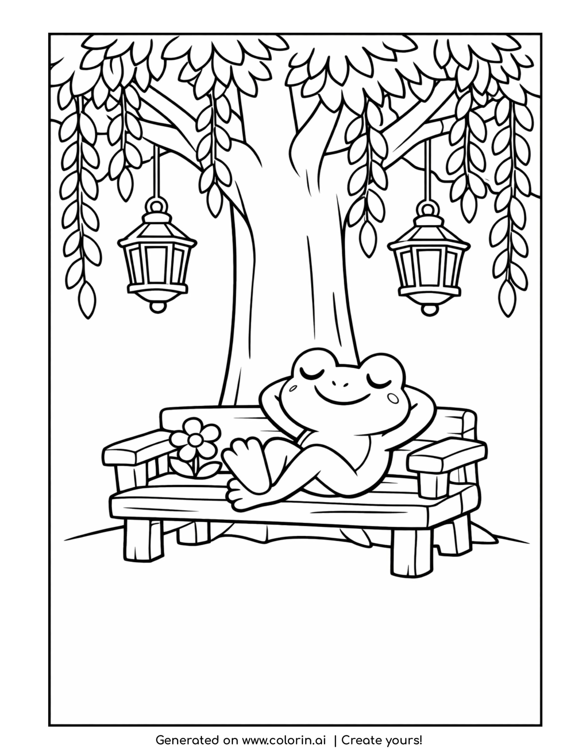frog resting on bench under tree coloring page with hanging lanterns and vines illustration coloring page