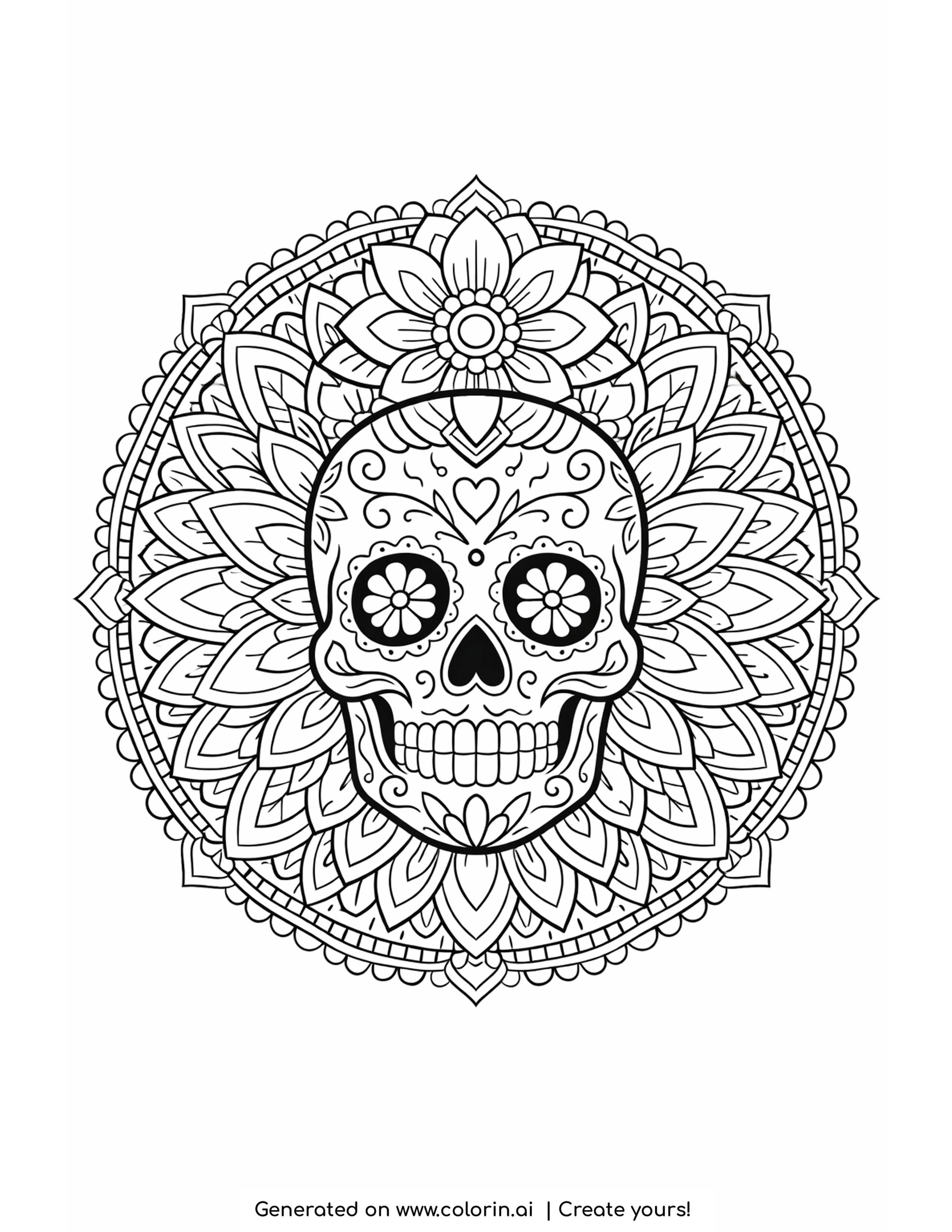sugar skull mandala coloring pages, calavera at the centre of a circular mandala with four rings of radiating petals