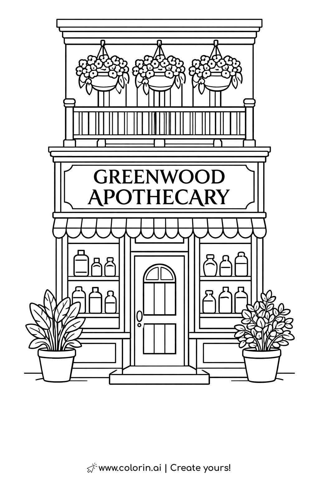 greenwood apothecary storefront coloring page with vintage facade and plants