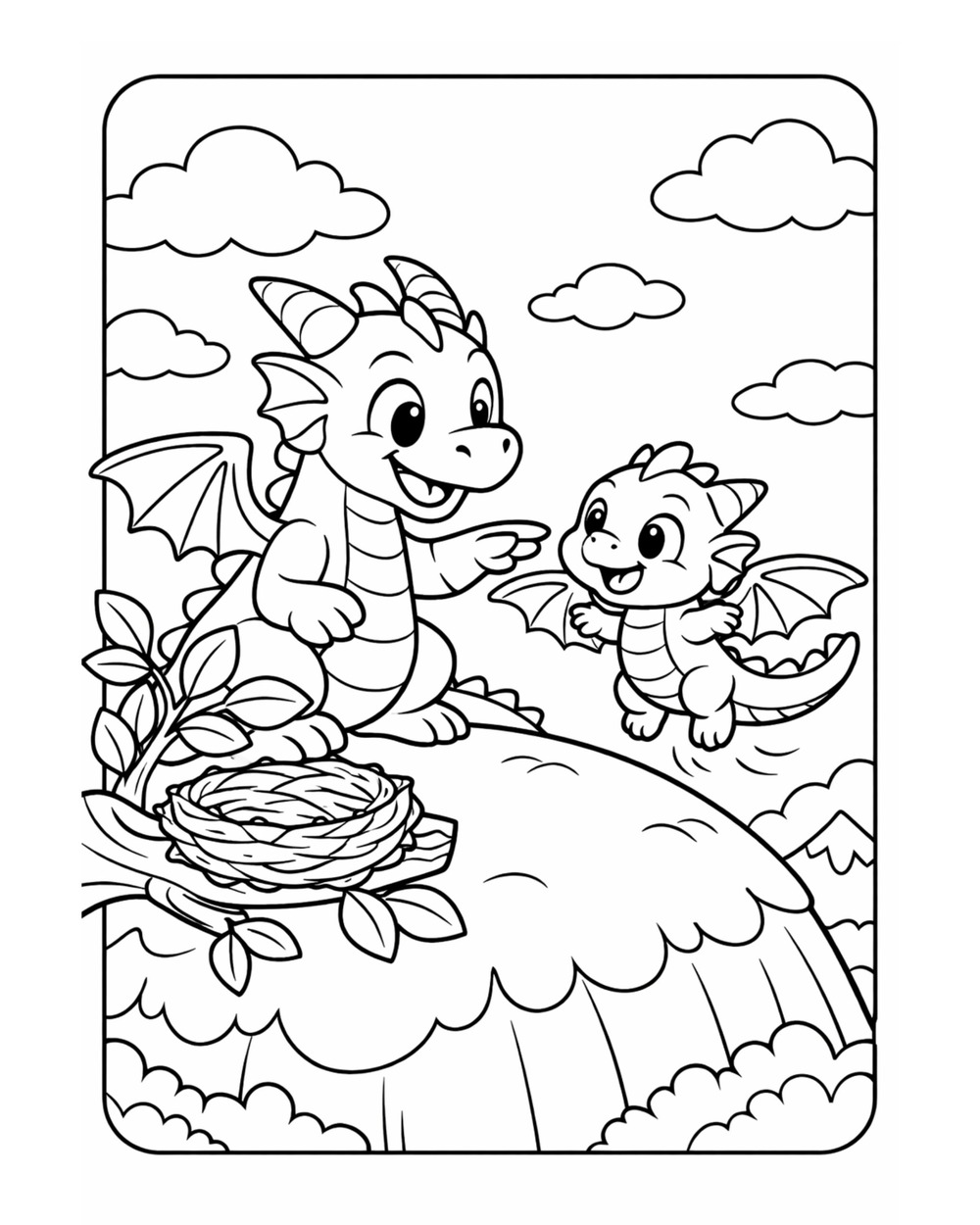Baby dragon learning to fly coloring page