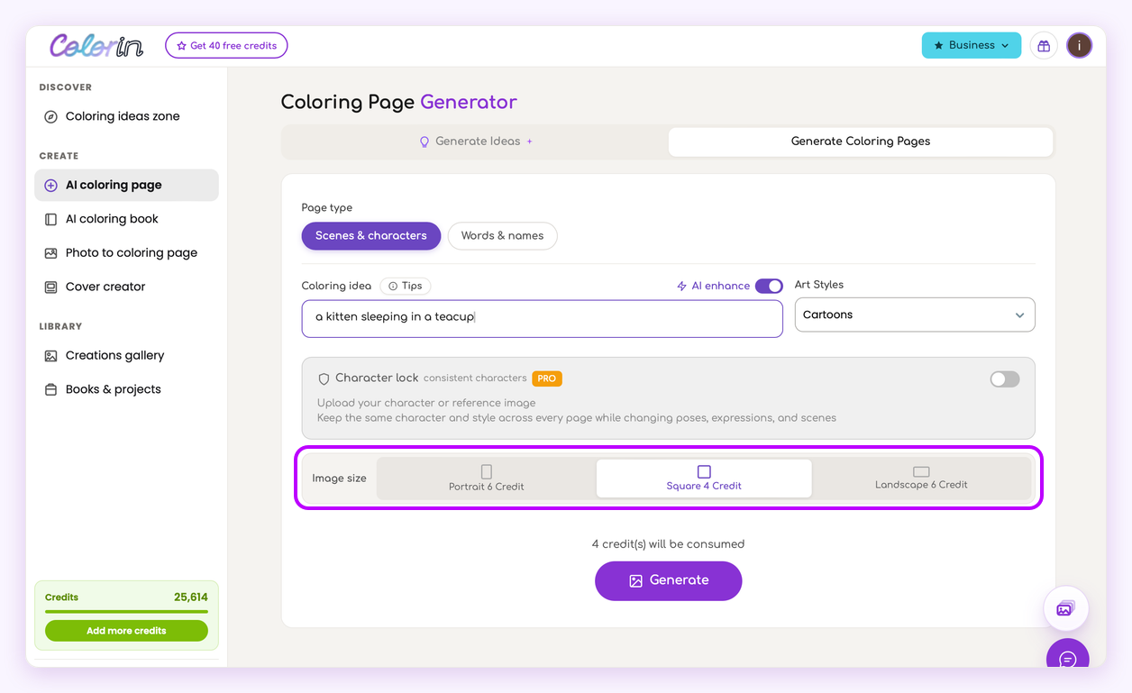 The image size options in the Colorin AI generator, each showing its own credit cost