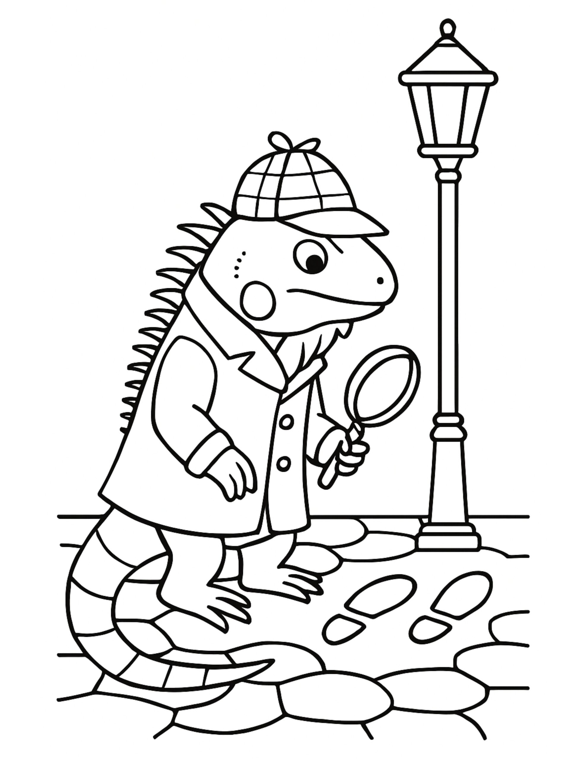 lizard detective tracking footprints coloring page, lizard in trench coat with magnifying glass under streetlamp coloring page
