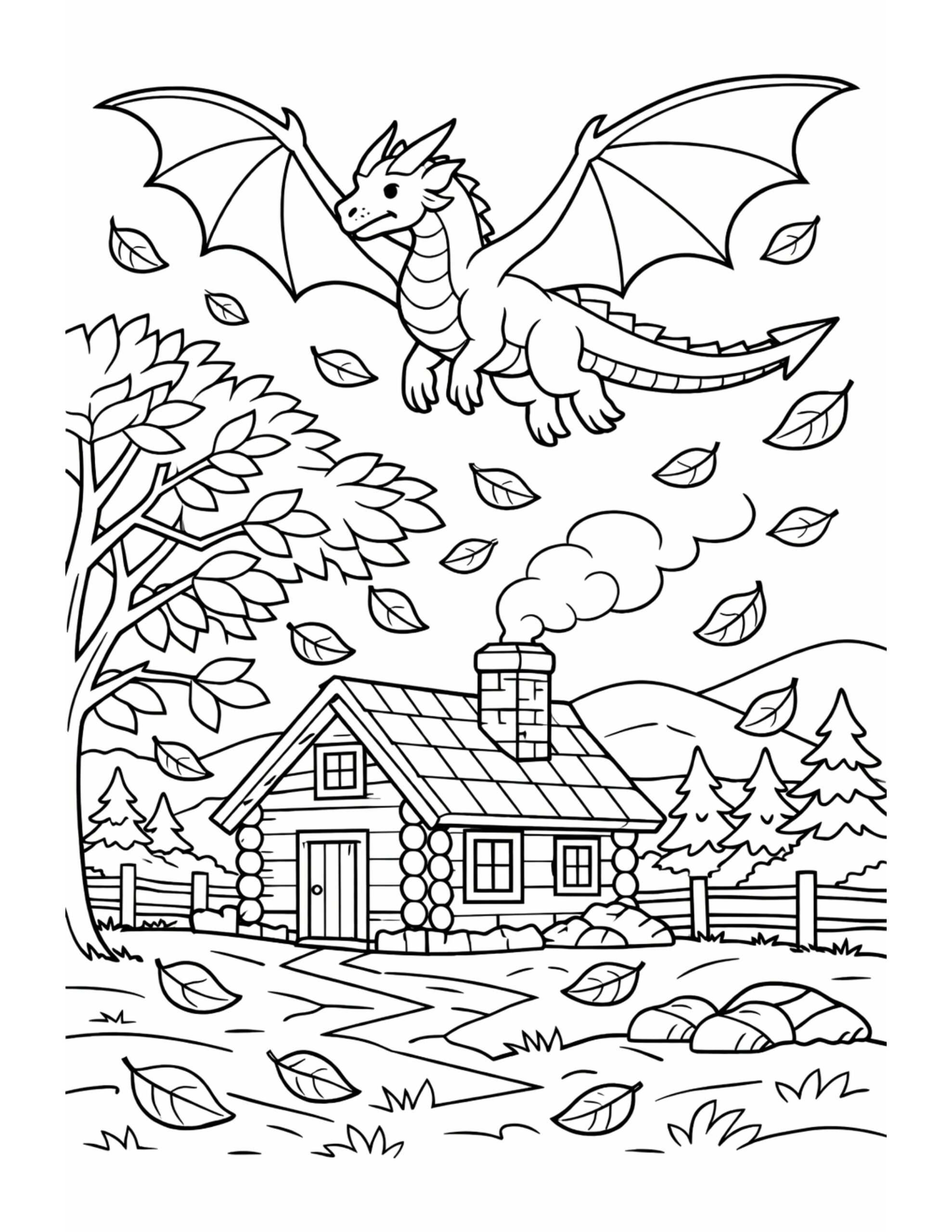 dragon flying over a cabin coloring page with drifting leaves above a cozy log house and chimney smoke