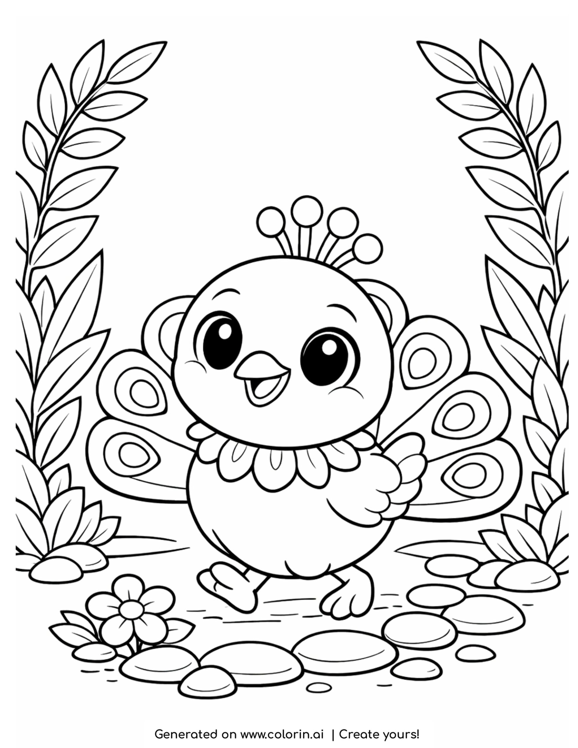 peacock coloring pages, a cute young peacock strutting with a small fanned tail